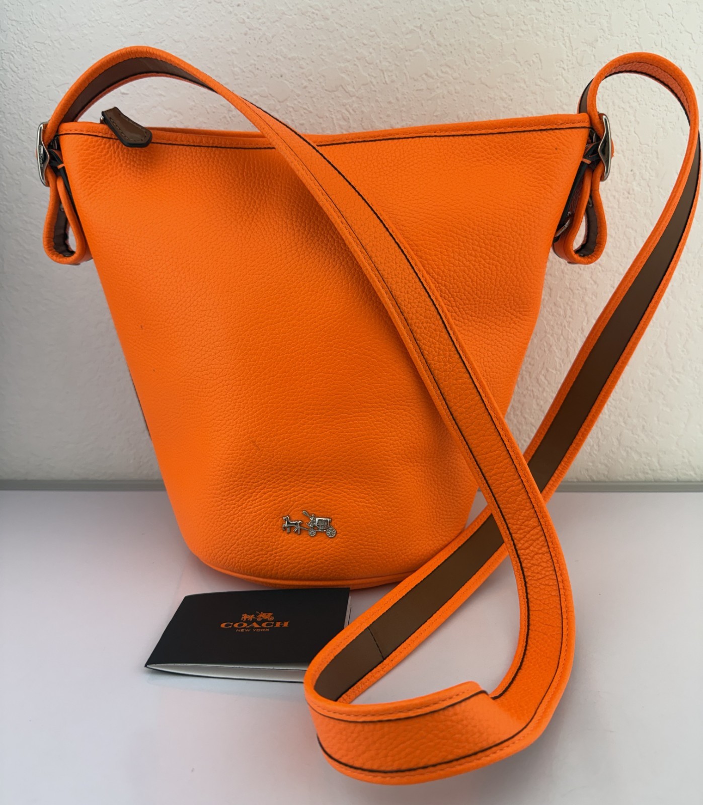Coach Neon Orange Pebbled Leather Bucket Crossbody Bag Purse J1493-34527