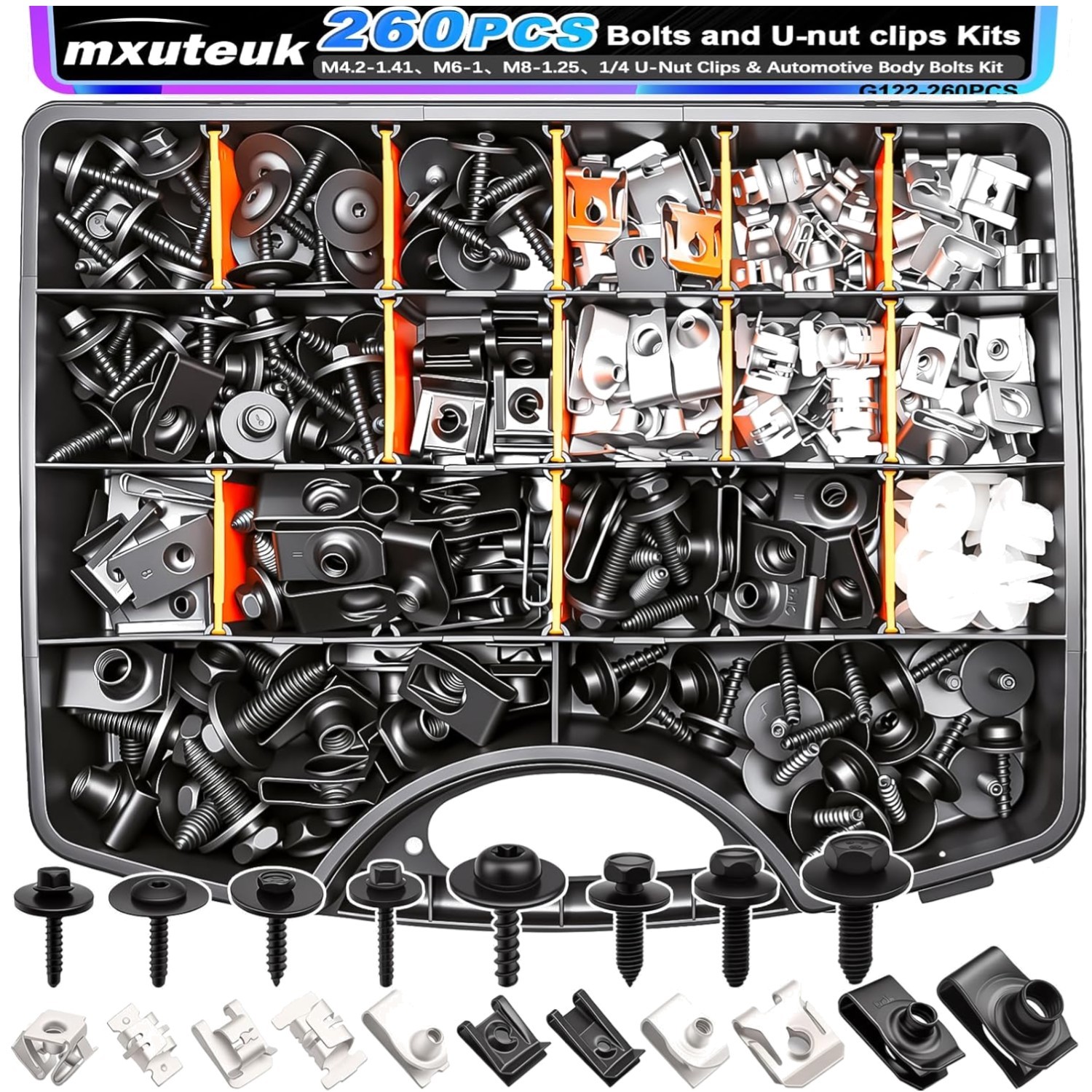 Body Bolts & U-Nut Clips Assortment - 260 Pieces