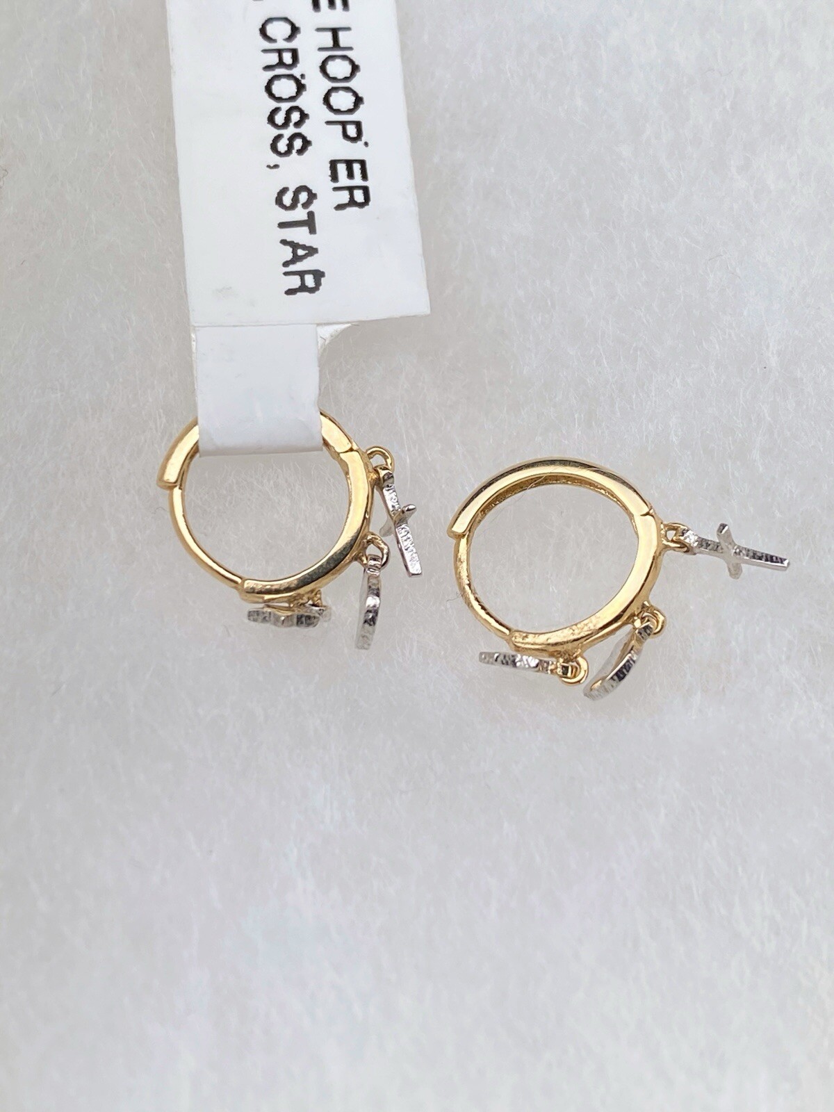 Carla Nancy B. 14k Gold Huggie Hoop earrings with star and cross