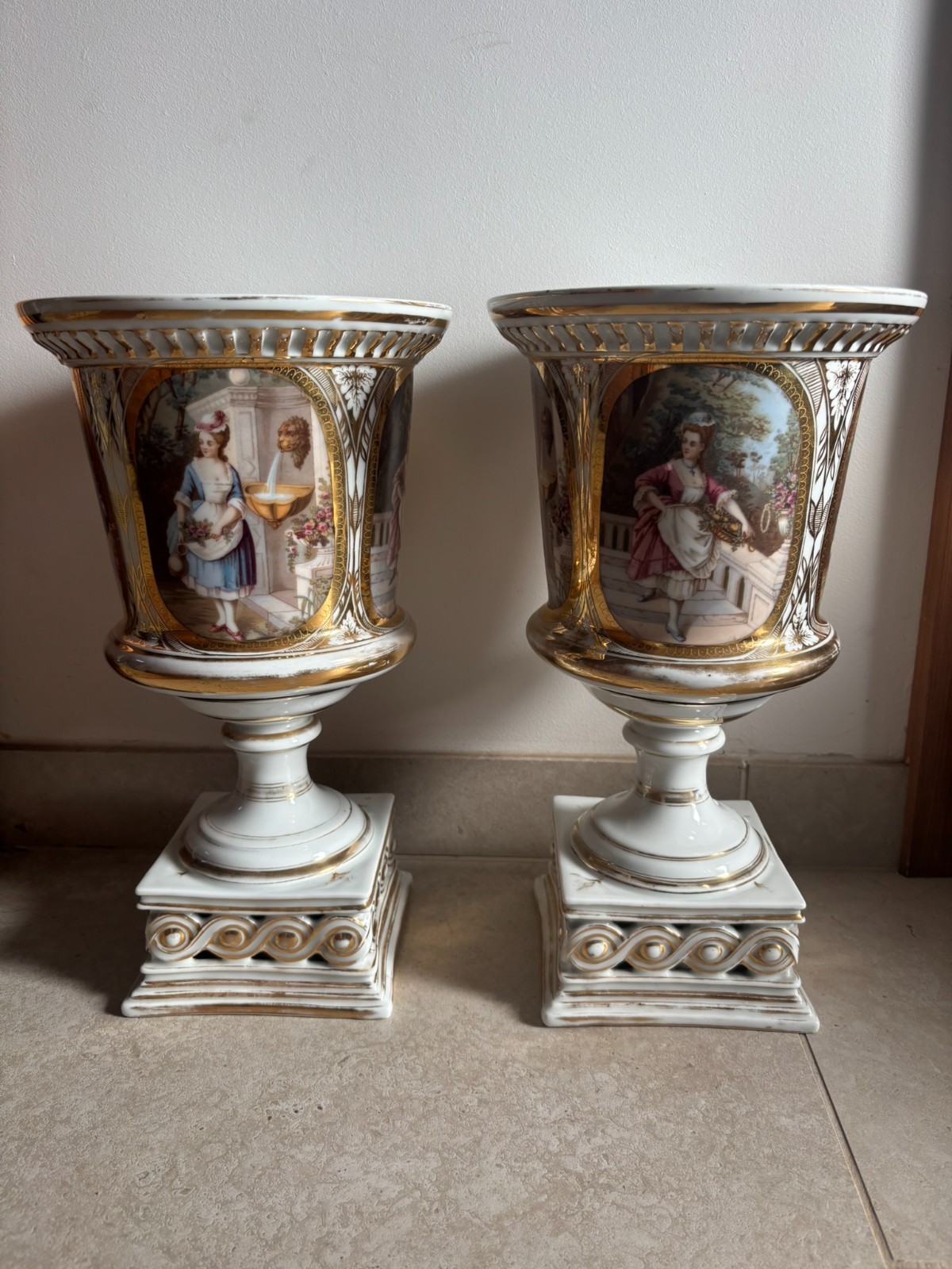 MONUMENTAL Pair of 19th Century Porcelain Cachepots - 40cm Large Hand-Painted