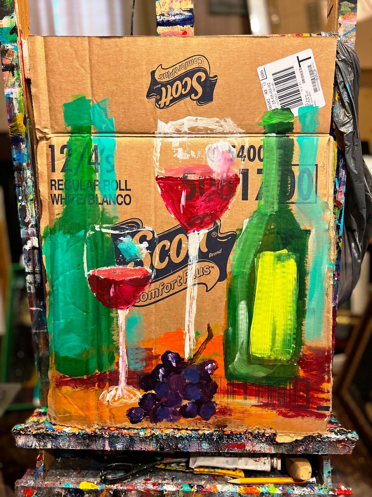Original PAINTING WINE STUDY 16X21 UNIQUE colorful upcycled CB SWARTZMILLER DNA