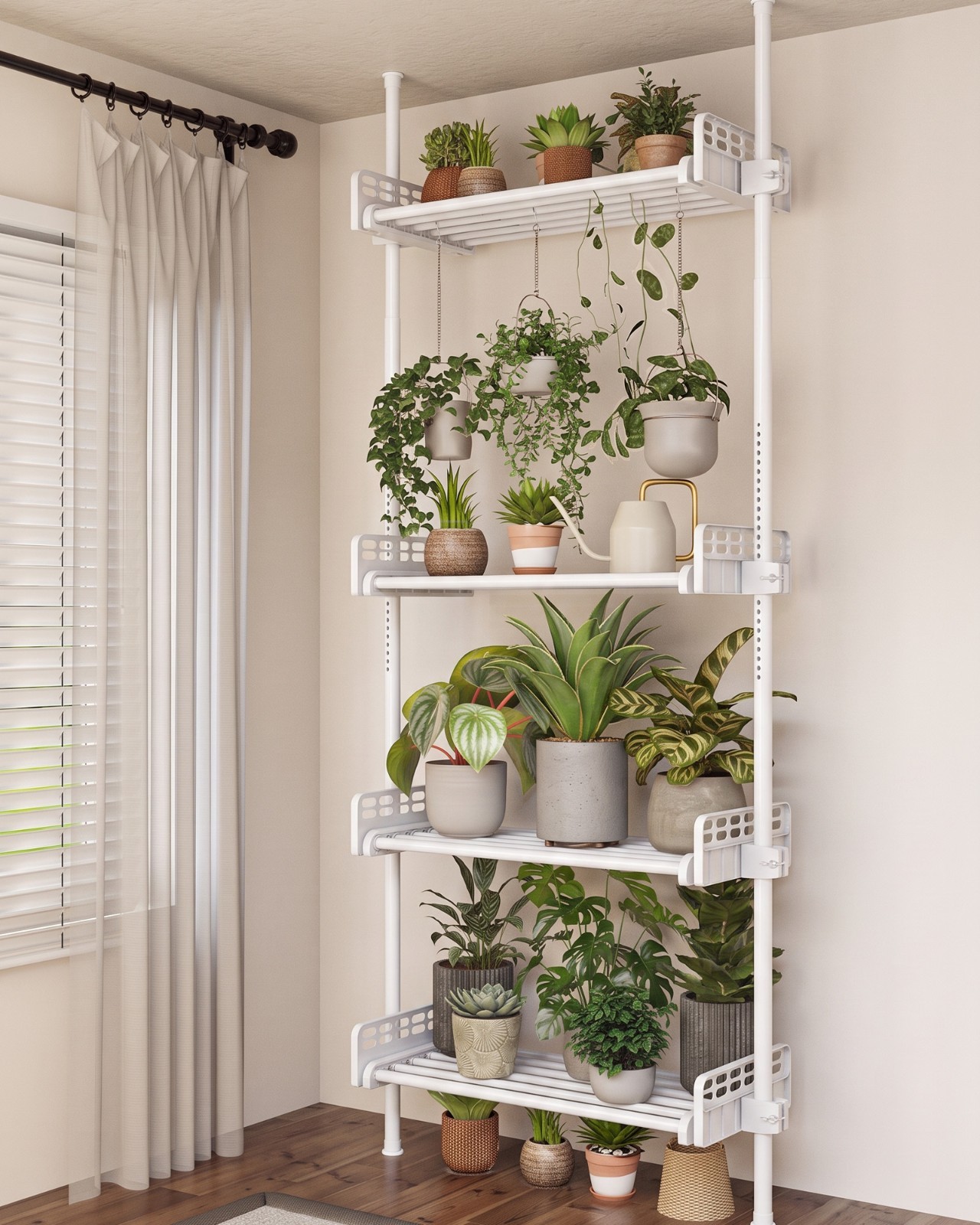 Bamworld Tension Rod Plant Stand Adjustable Hanging Plant Shelf Indoor