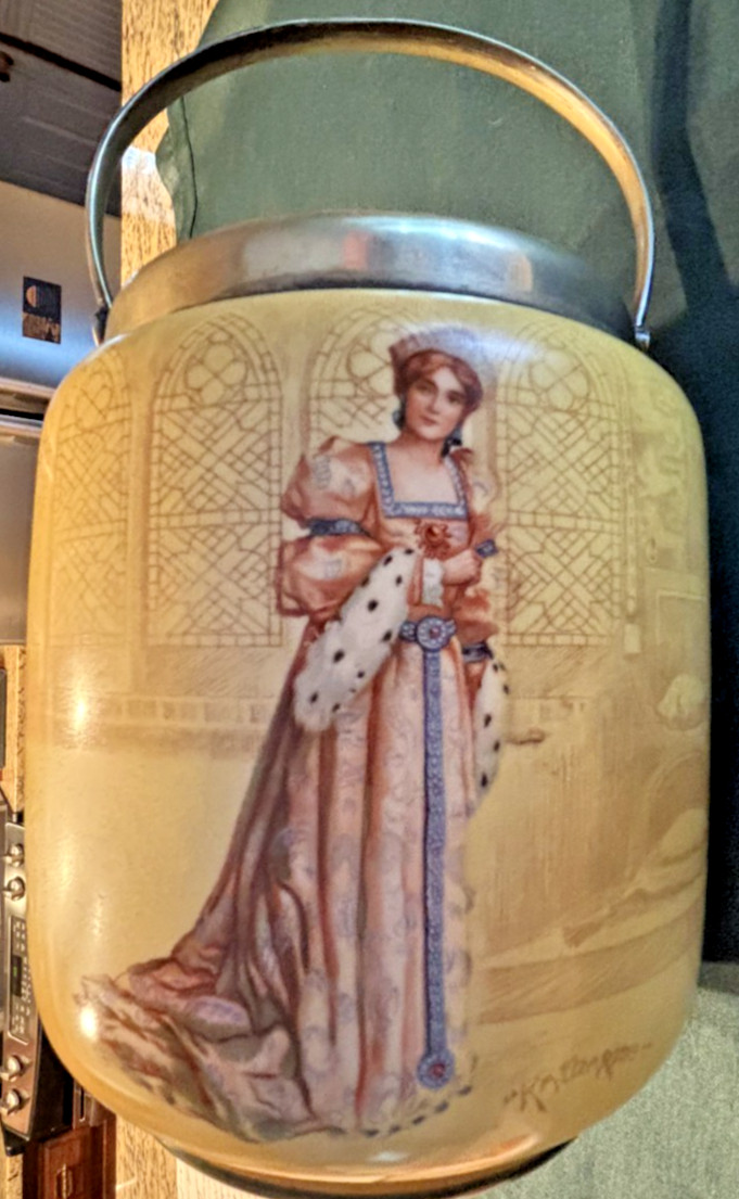 Antique Doulton Burslem Fringed Tapestry Biscuit Jar w KATHARINE from Shakespear