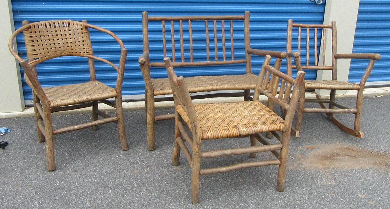 Antique Old Hickory Adirondack Twig Rustic Lodge Furniture 4pc Set- Unique Stool