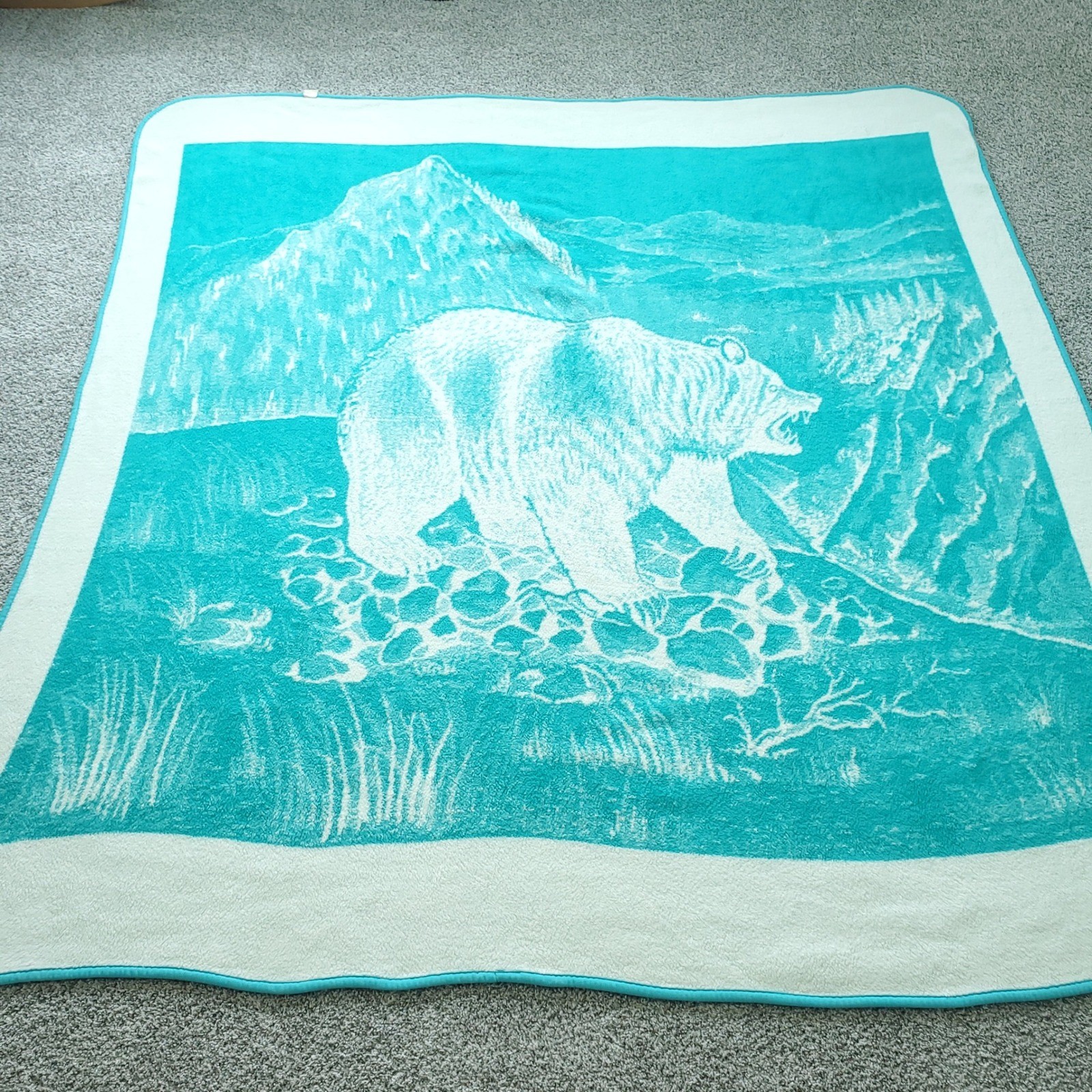 Vintage San Marcos Blanket Grizzly Bear 88x94 Teal White Plush King Reversible