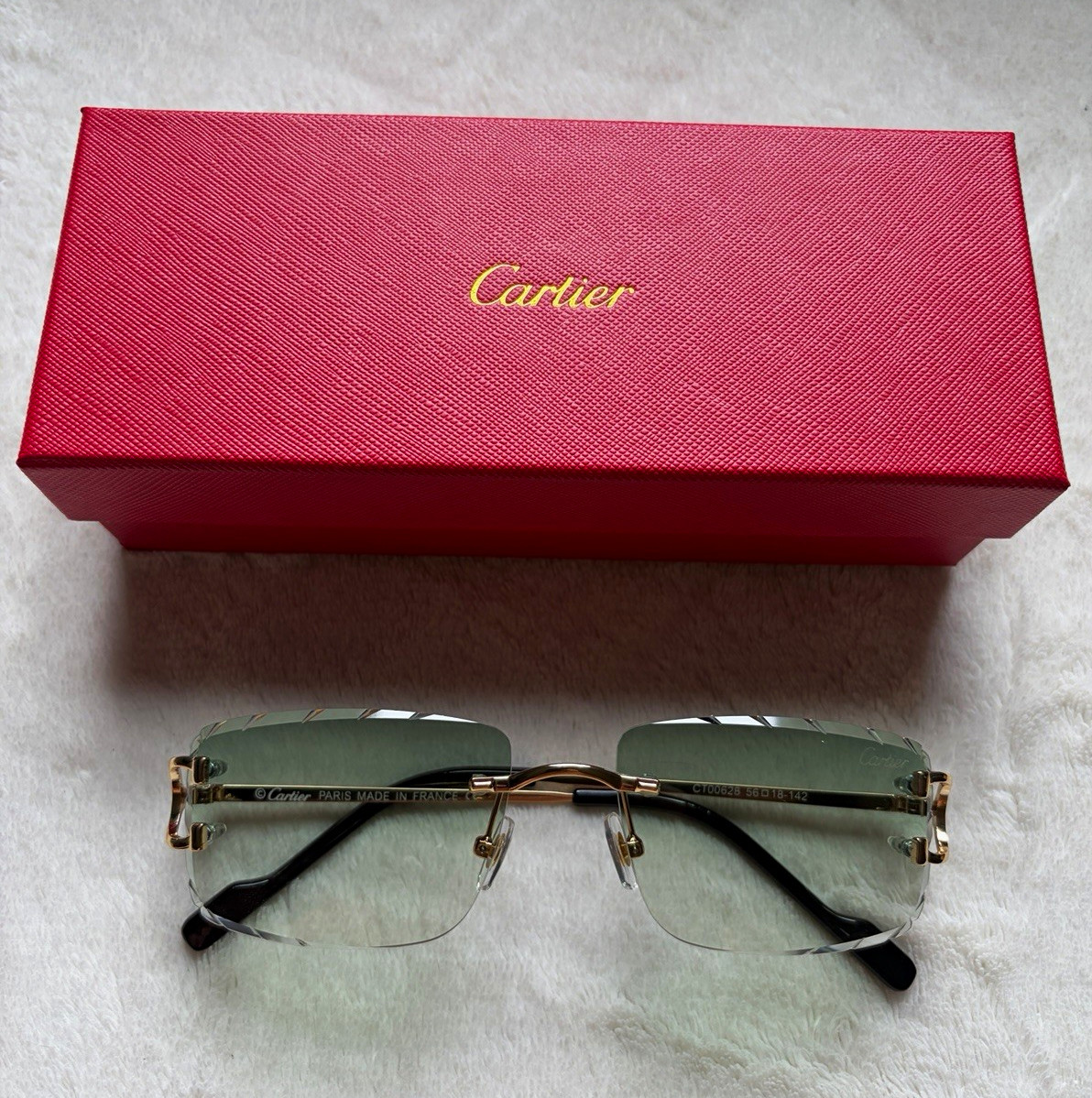 Cartier Rimless Rectangle Metal Eyeglasses Gold Green CT00628 56-18-142
