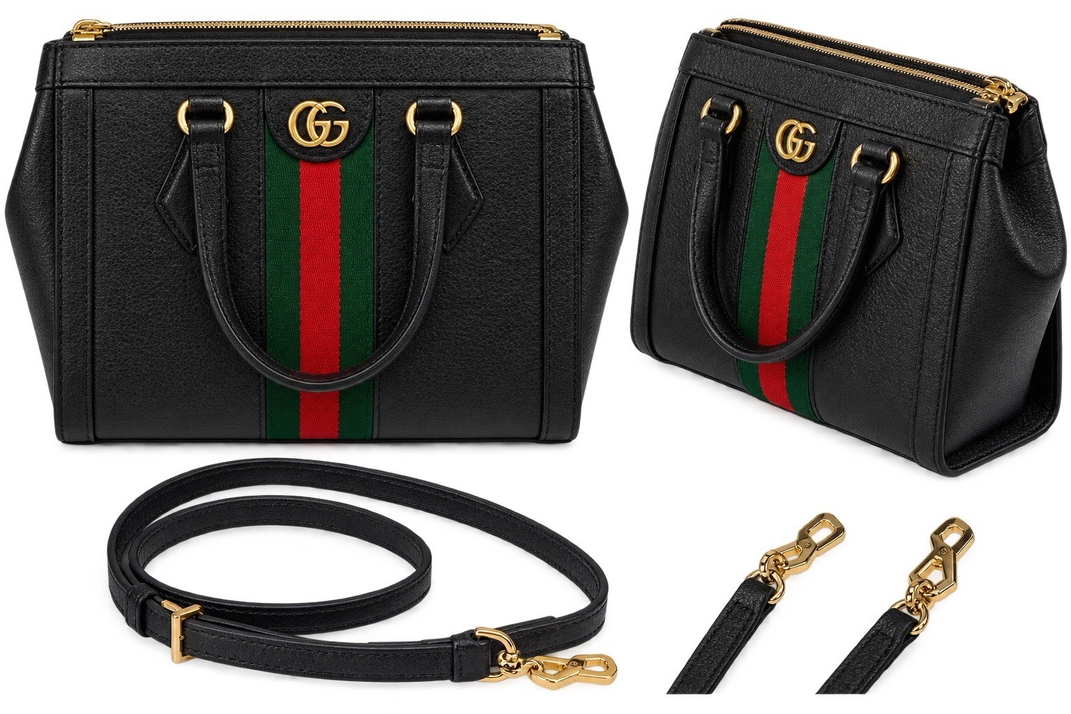 Gucci Ophidia Black Leather Handbag with Top Handle and Strap Authentic Luxury
