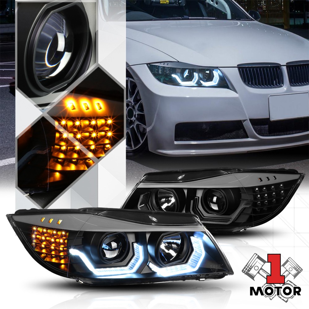 Black [DUAL 3D U-HALO] Projector Headlight LED Signal for 06-08 BMW E90 3-Series