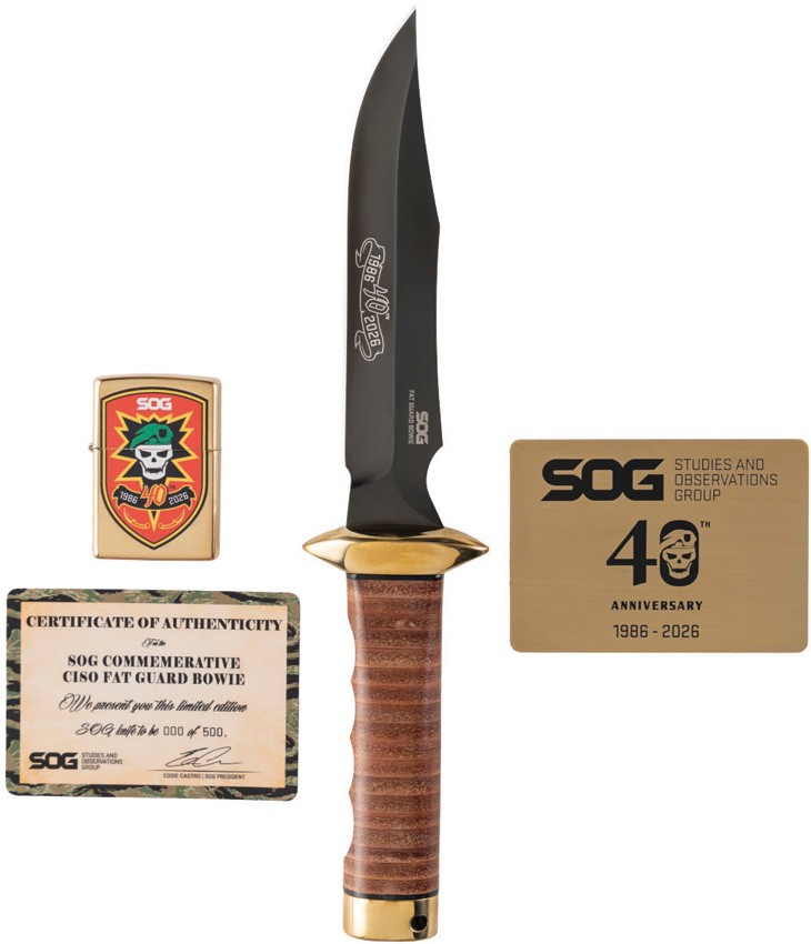 SOG 40th Anniversary Bowie LTE Stacked Leather AUS-8 Fixed Blade Knife S40BBX SOG 40th Anniversary Bowie LTE Stacked Leather AUS-8 Fixed Blade Knife S40BBX