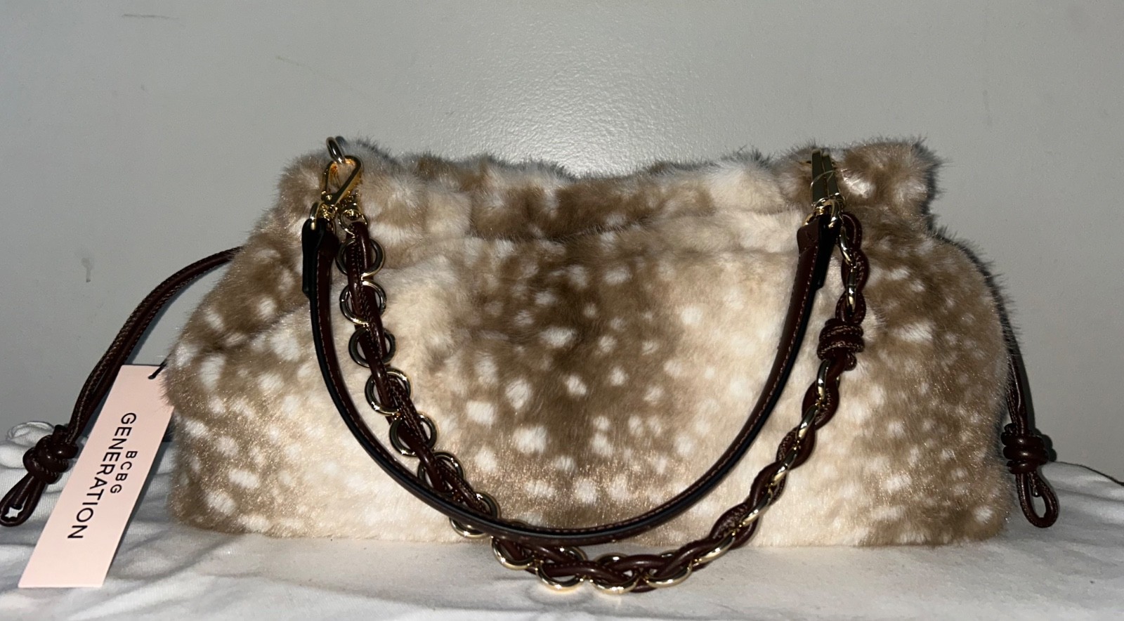 NEW NWT BCBG Generation Faux Fur Deer Print Shoulder Bag Light Fawn Beige