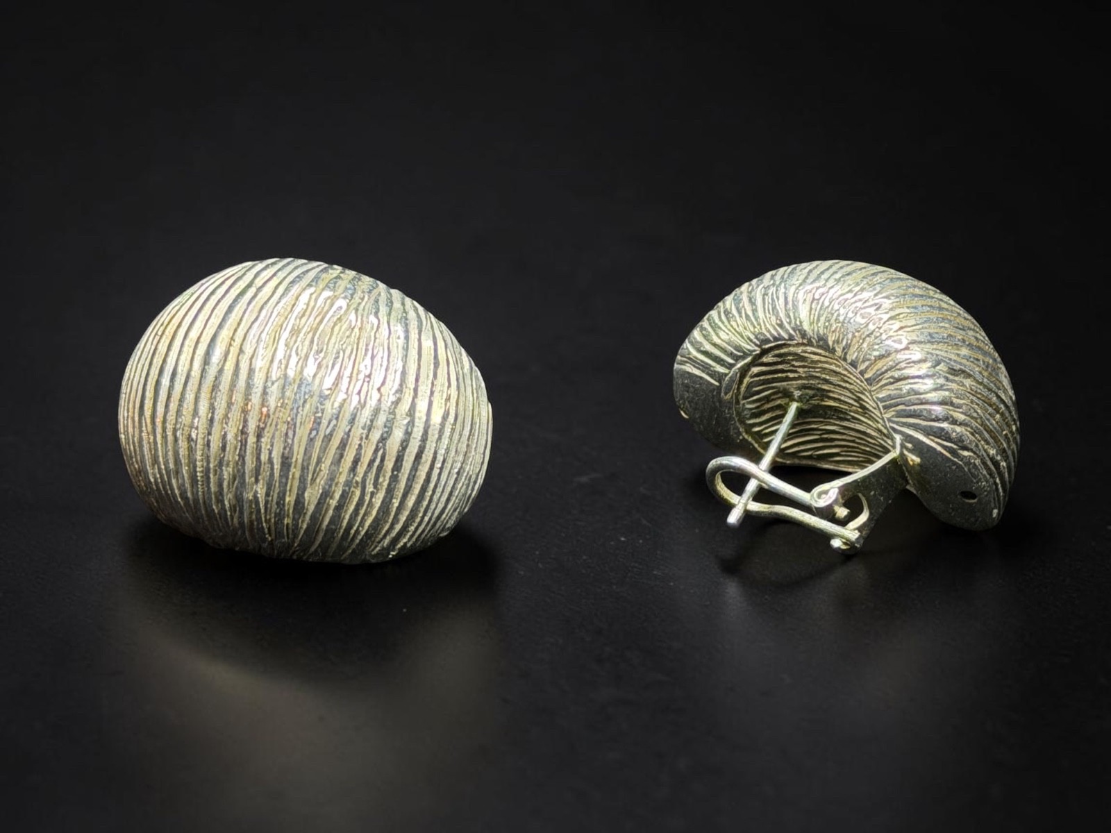 Italy Huge Ribbed Dome Omega Back Earrings Sterling Silver  Vintage Shrimp 9.7g