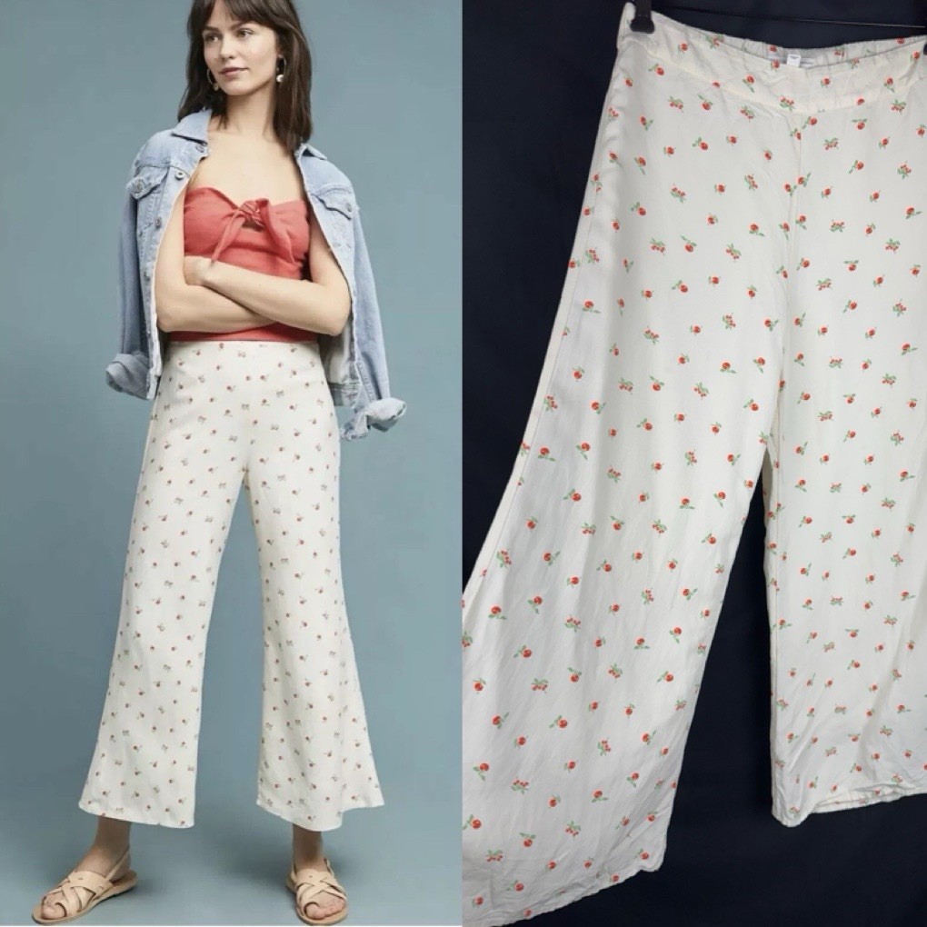 Anthropologie Feather Bone Sz 6 Cherry Print Linen Blend Wide Leg Pants Cream