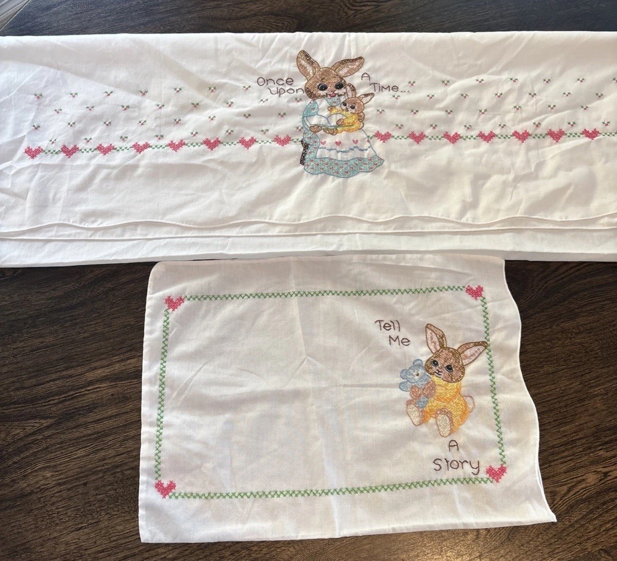 Vintage Embroidered Baby Pillowcase And Coverlet 35x48, Nursery, Cross Stitch