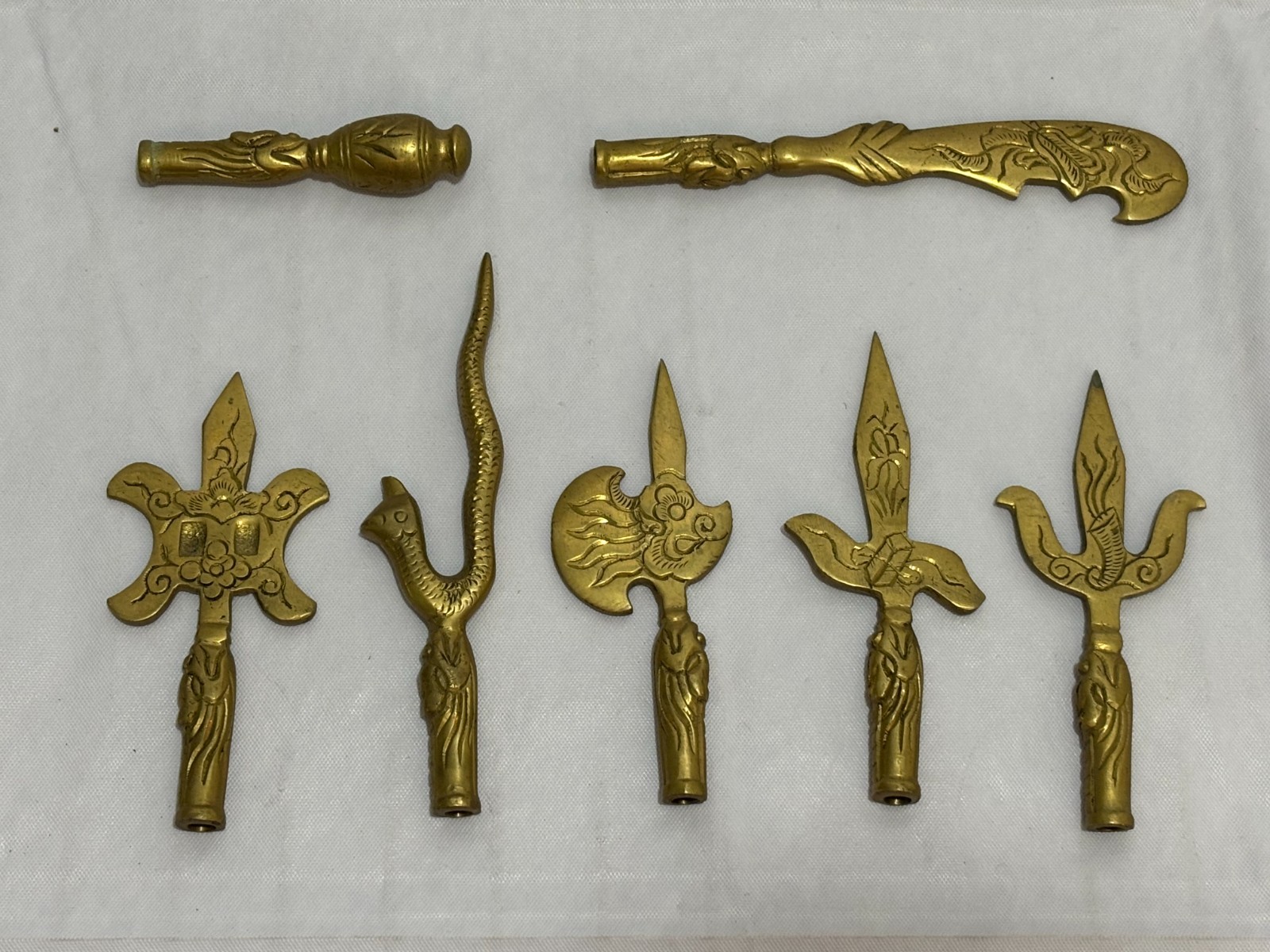 Antique Brass Miniature Tibetan Ritual Weapon Finials Vajra Trishula Kartika Antique Brass Miniature Tibetan Ritual Weapon Finials Vajra Trishula Kartika