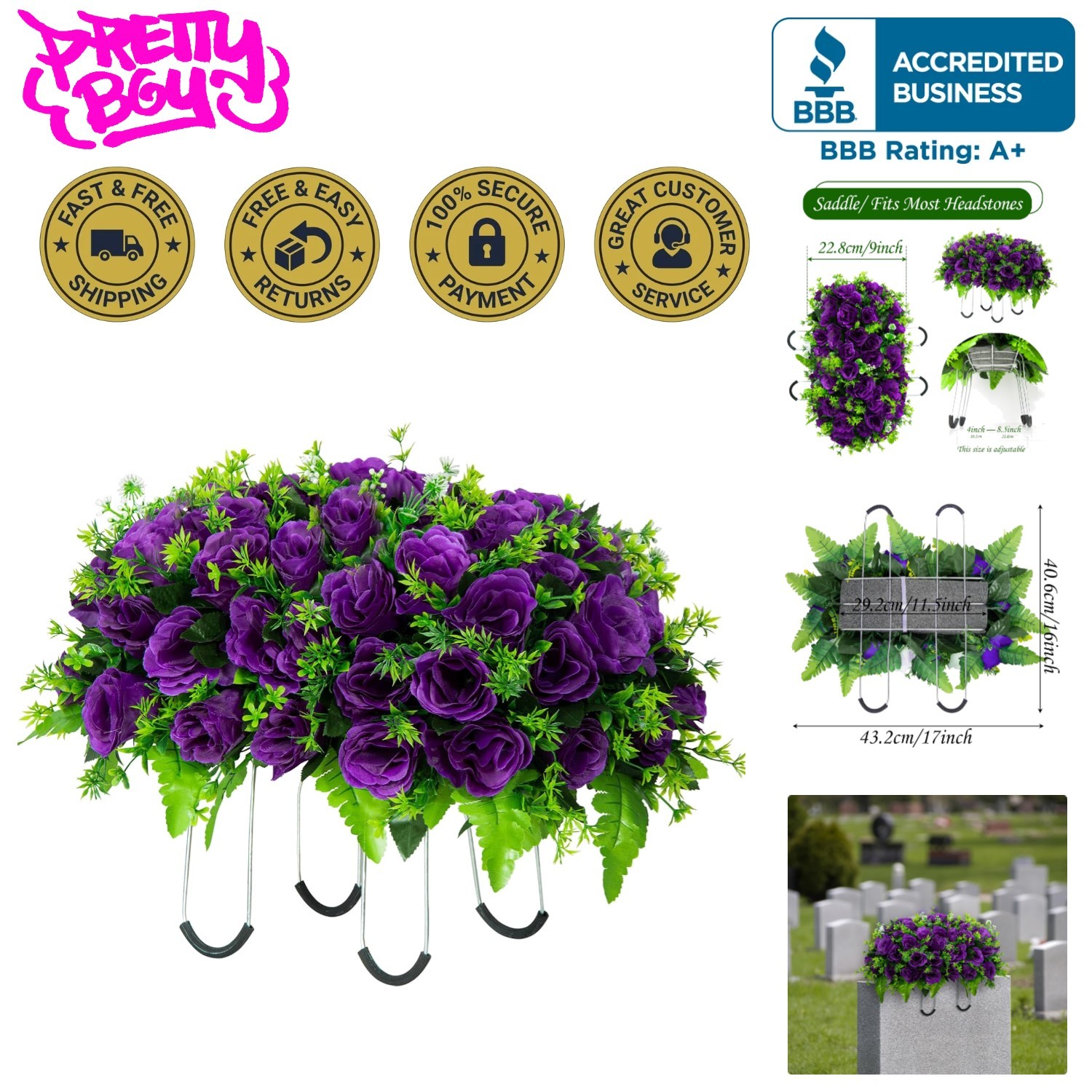 Beautiful Purple Silk Flower Saddle for Commemorating Loved Ones at Grave Sites