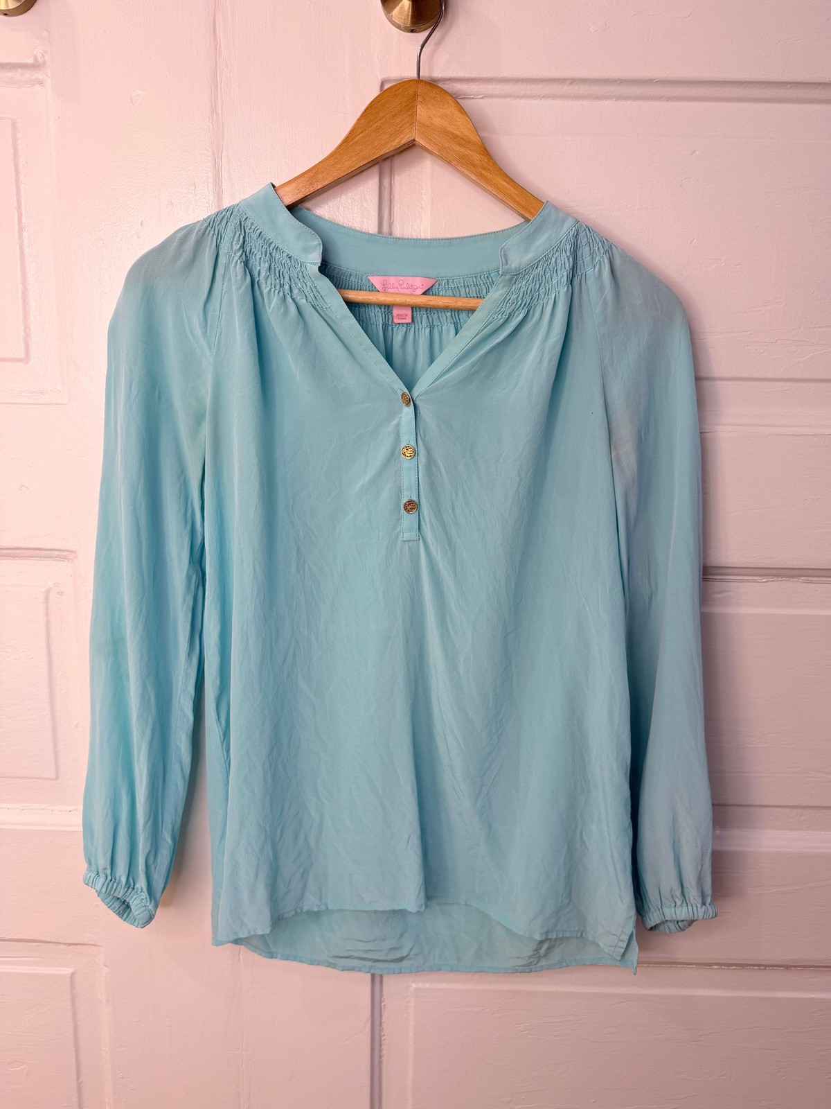 Lilly Pulitzer 100% Silk Light Blue Long Sleeve Blouse