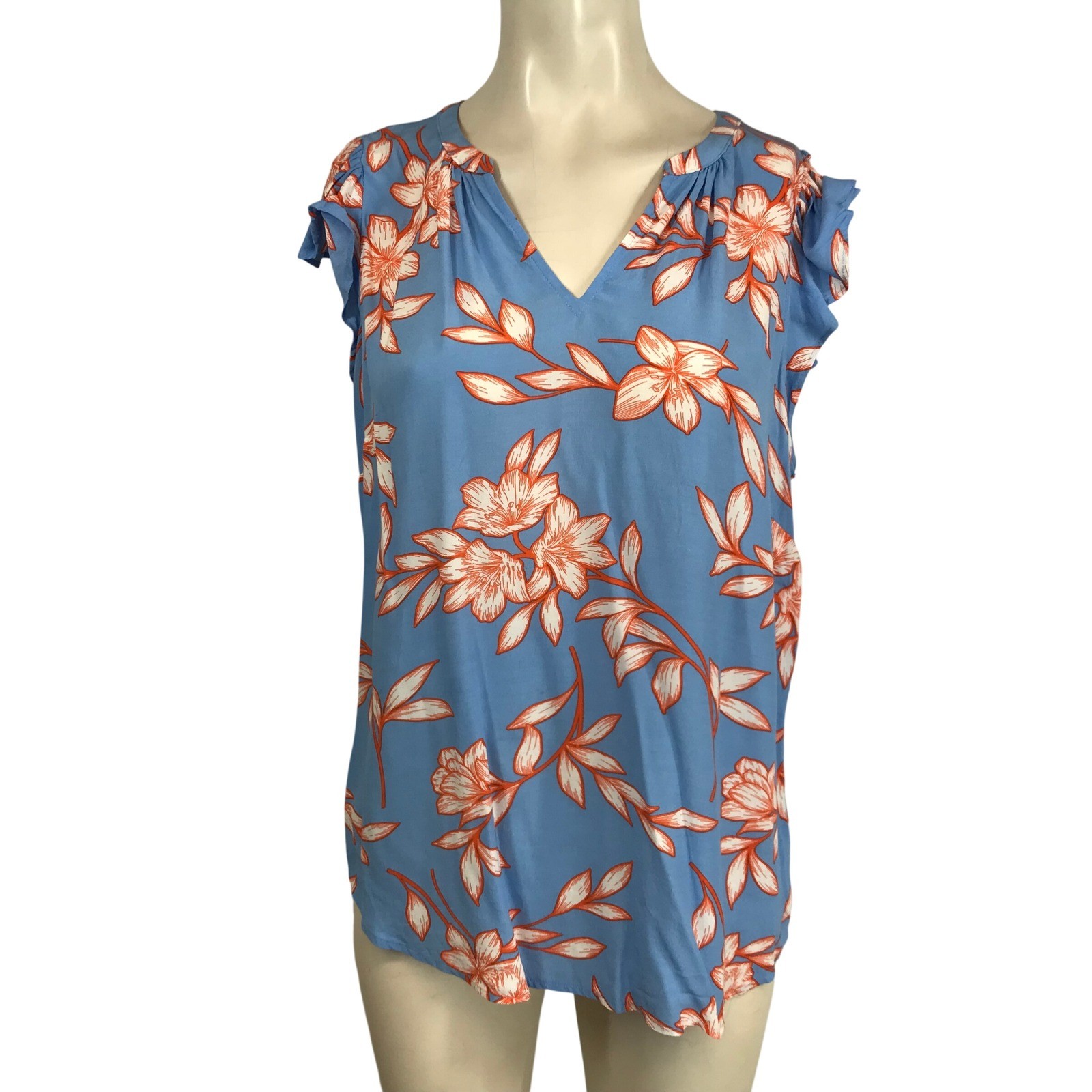 Talbots Women\'s Blue Floral Print V Neck Flutter Sleeve Top Size M
