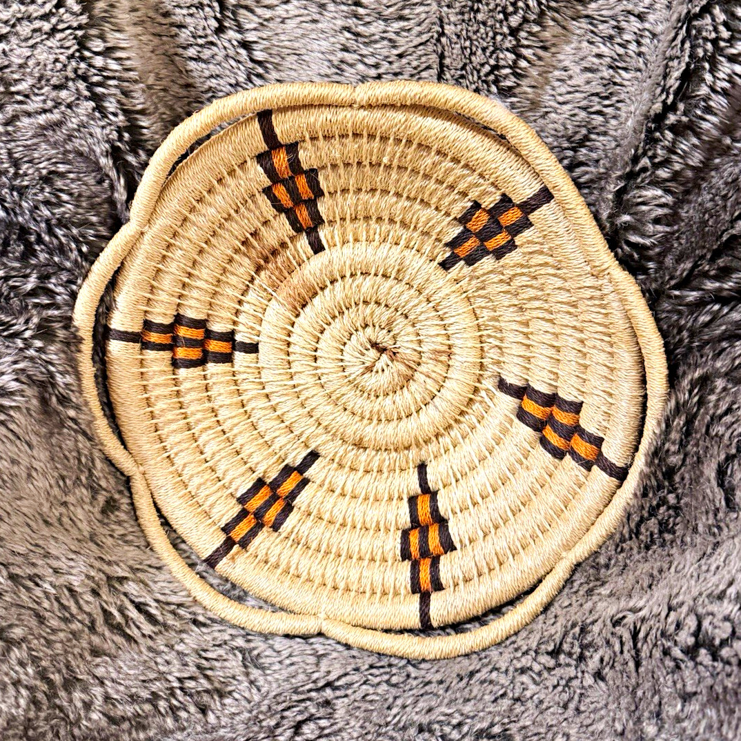 Vintage Hand Coiled Native American Style Basket Bowl 13” Geometric Design