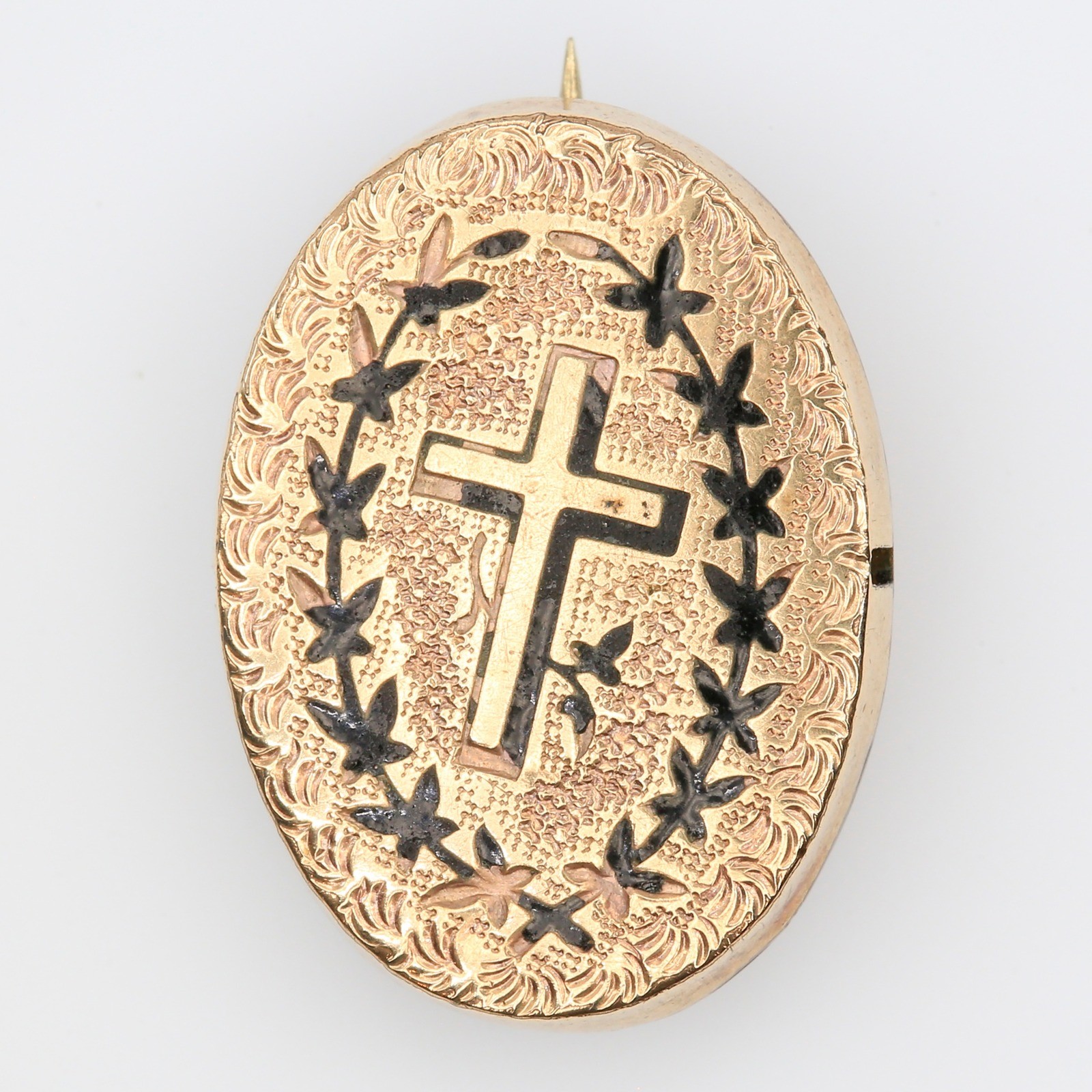 Antique Victorian Mourning Brooch Gold Filled Taille d\'Epargne Cross Enamel 1860