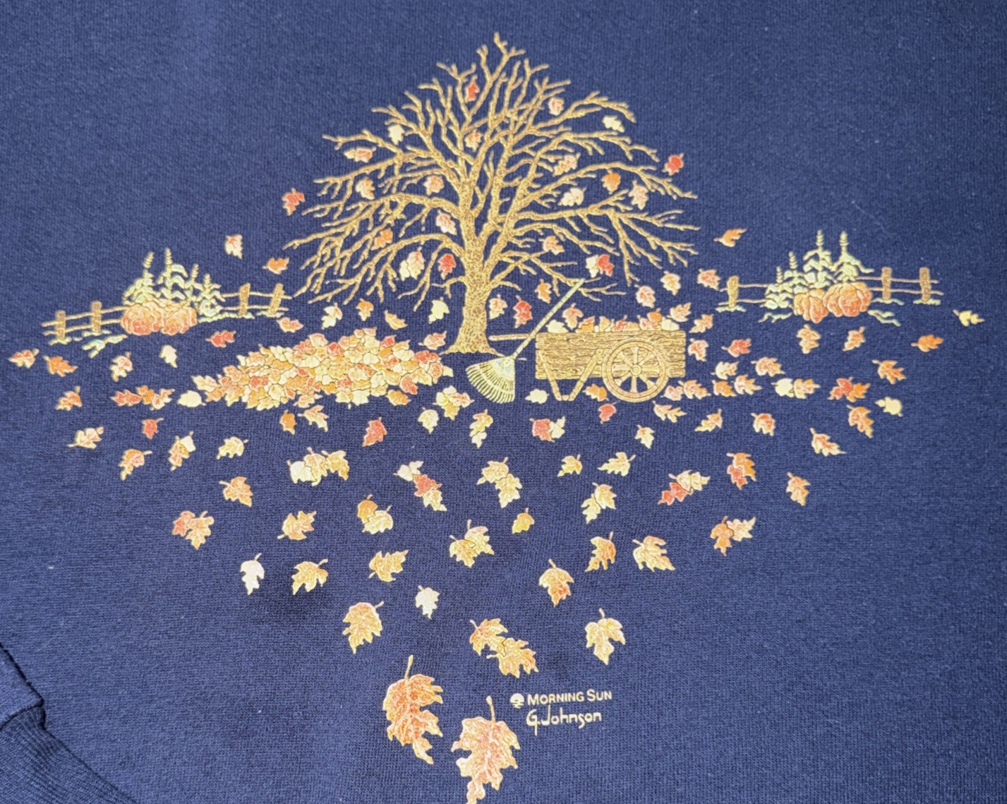 VTG Morning Sun Sweatshirt Falling Leaves XL Made in USA G. Johnson Autumn