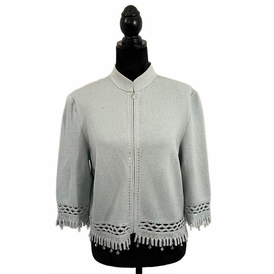 Vintage St. John Evening Blue Beaded Fringe Hem Jacket Occasion Wedding 2000’s