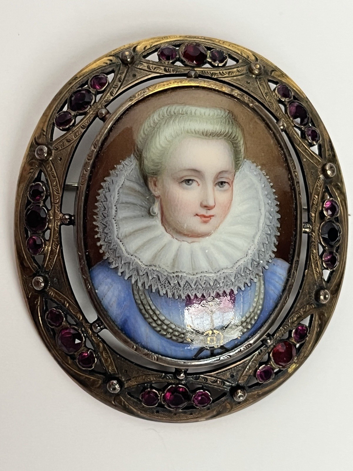 Antique Victorian Bohemian Garnet &Hand-Painted Enamel Portrait Miniature Brooch