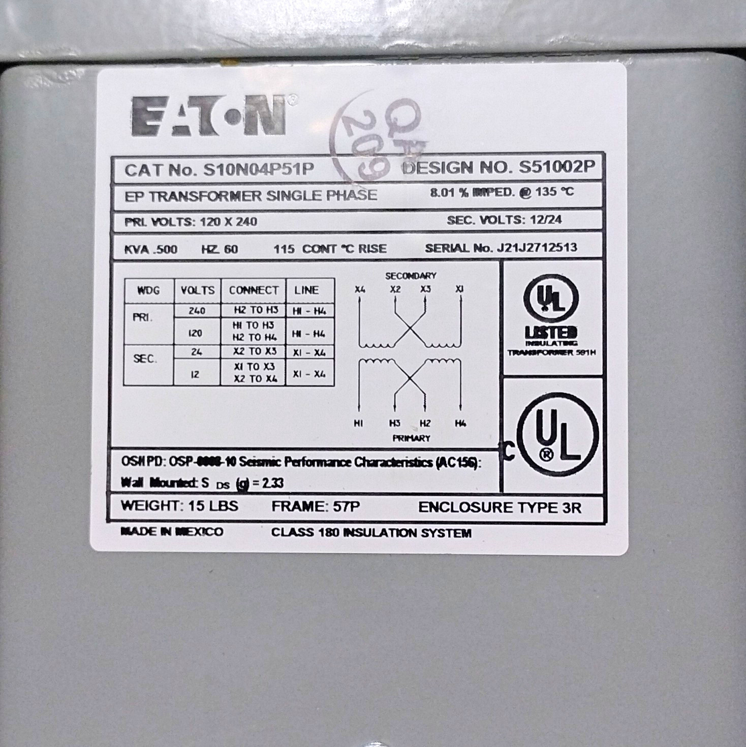 Eaton Industrial Control Transformer S10N04P51P 0.5kVA 120/240V-12/24V 3R