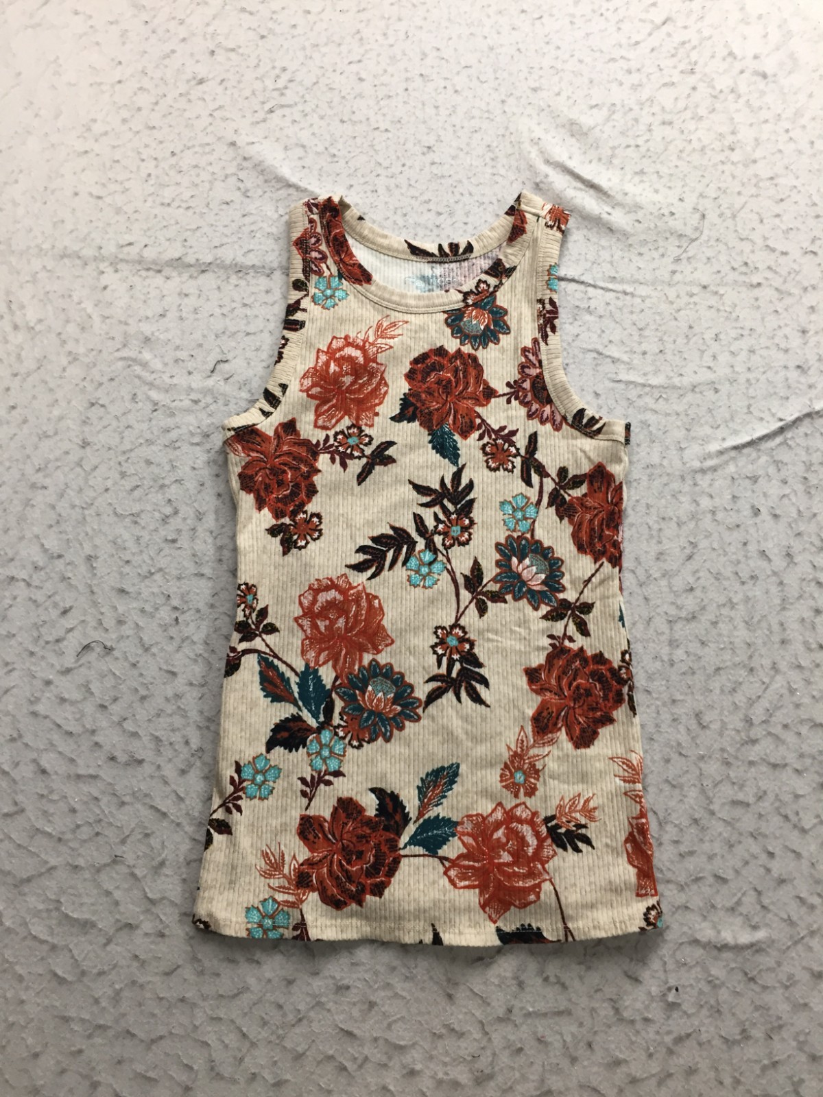 Maurices Tank Top Womens M Medium Beige Floral Rose Ribbed Crew Neck