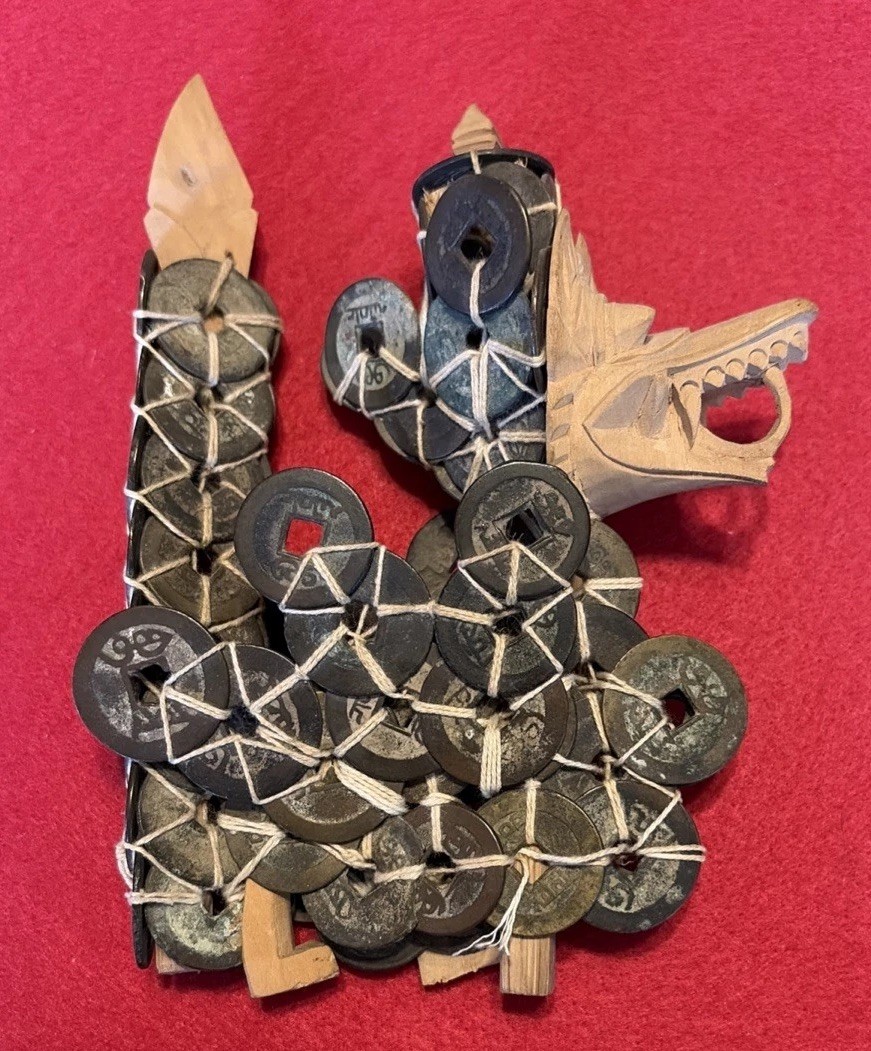 Early 20Th C., Balinese Antique Oriental Coin Dragon w. Carved Wood Elements Early 20Th C., Balinese Antique Oriental Coin Dragon w. Carved Wood Elements