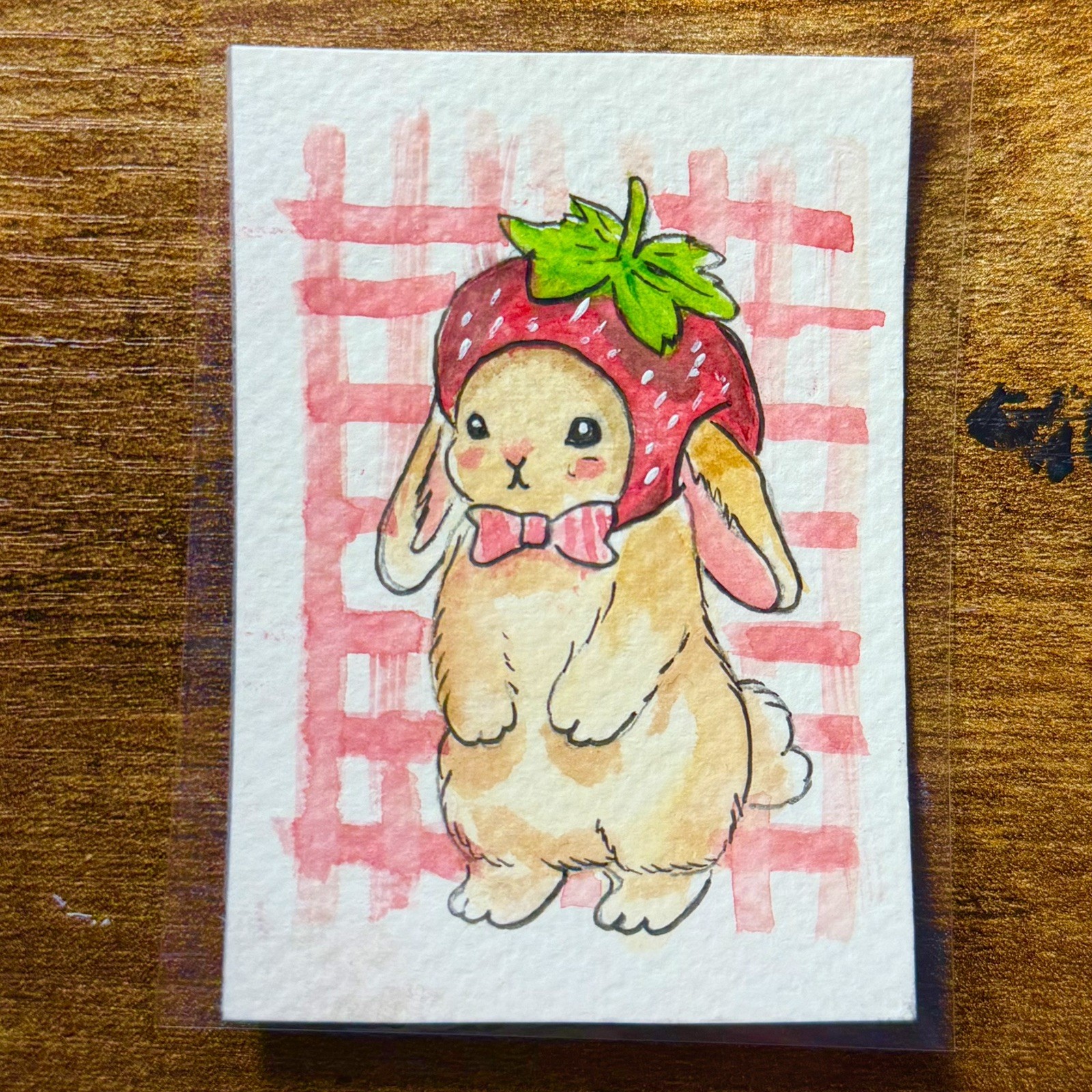 ACEO Original PRINT Painting Bunny Wearing Strawberry Hat Angelina Abraham ACEO Original PRINT Painting Bunny Wearing Strawberry Hat Angelina Abraham