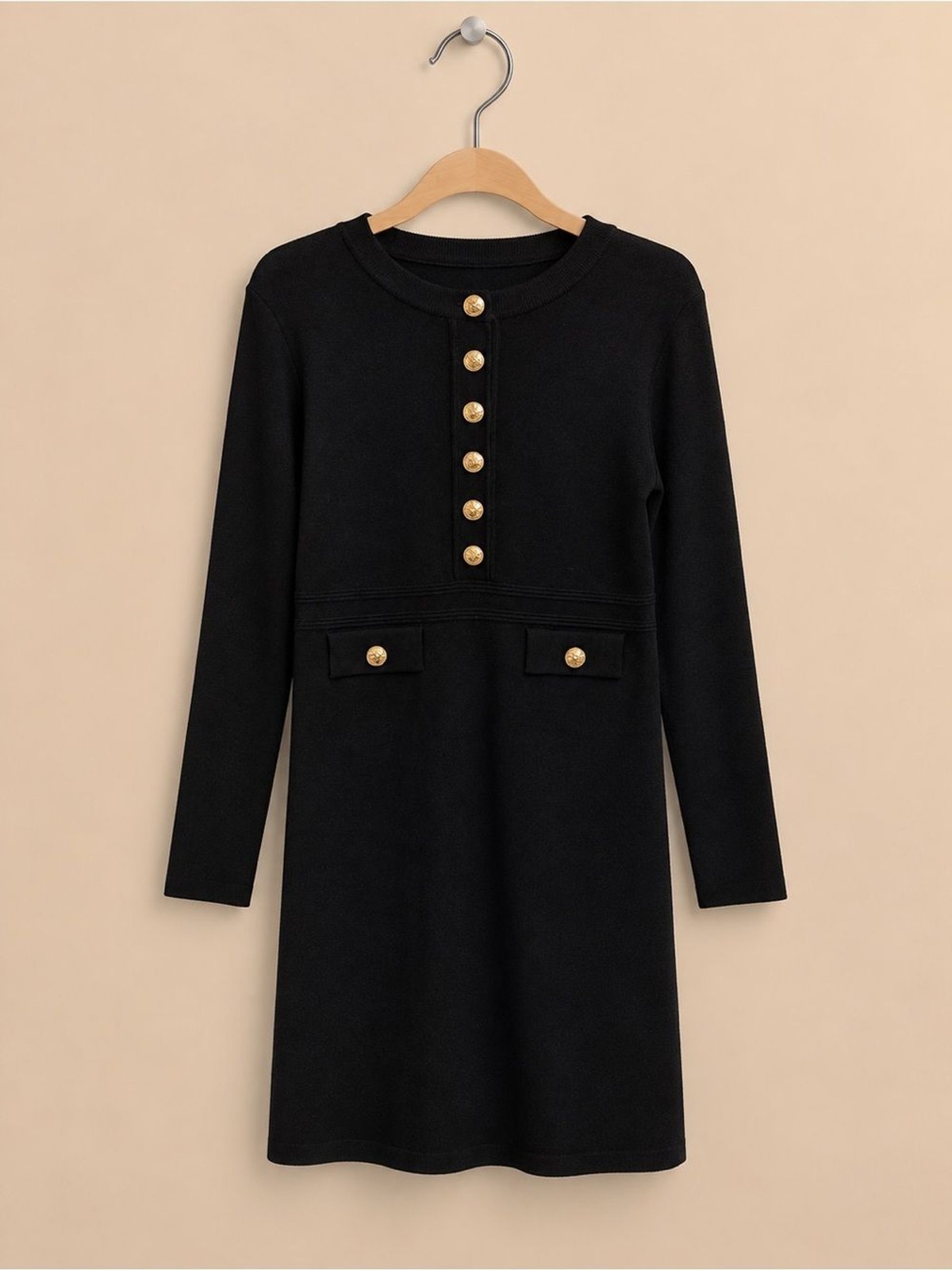 Designer-Inspired Black Knit Mini Dress Gold Buttons Size M NWT