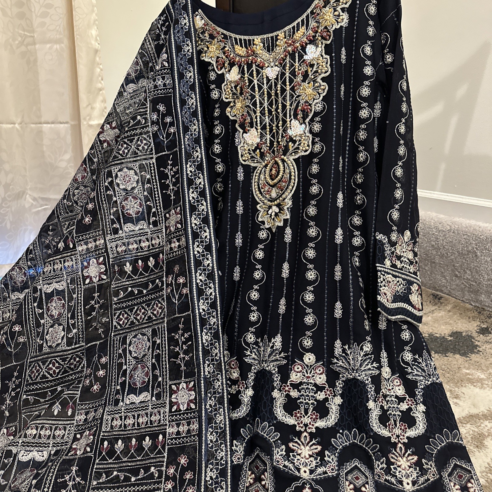 Pakistani Shalwar Kameez   Chiffon Embroidered Bust 4 8 With Fancy Long Duppatta