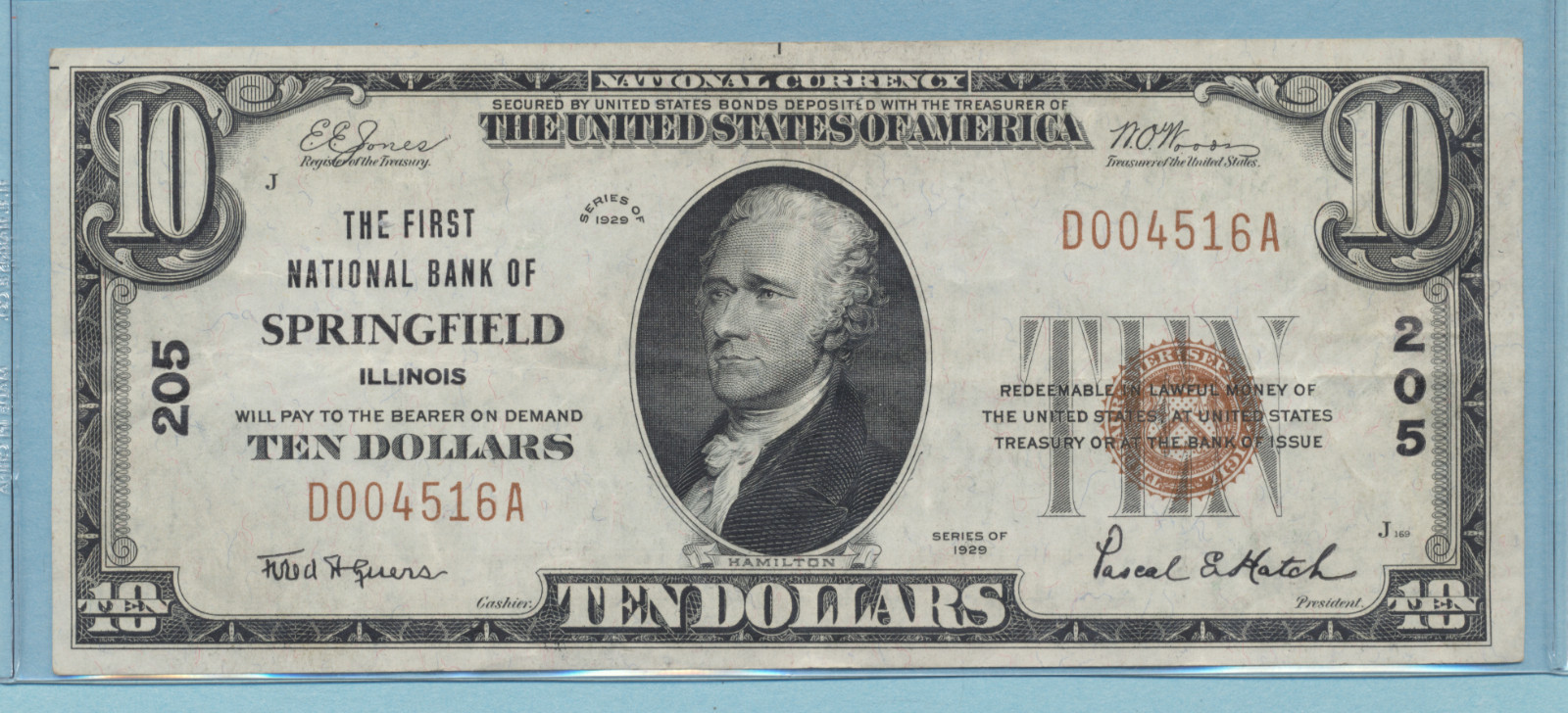 1929 National Currency $10 Springfield Illinois #205 Low Serial # XF++ 1929 National Currency $10 Springfield Illinois #205 Low Serial # XF++