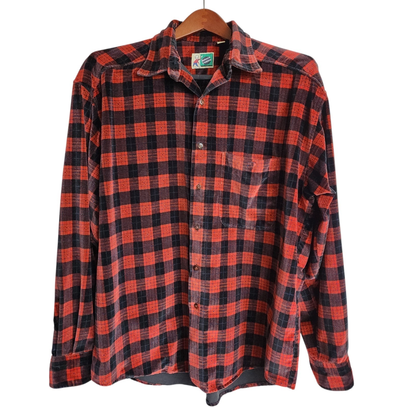 Vintage Johnny Cotton Brushed Flannel Plaid Button Up Shirt Mens Large USA Made 