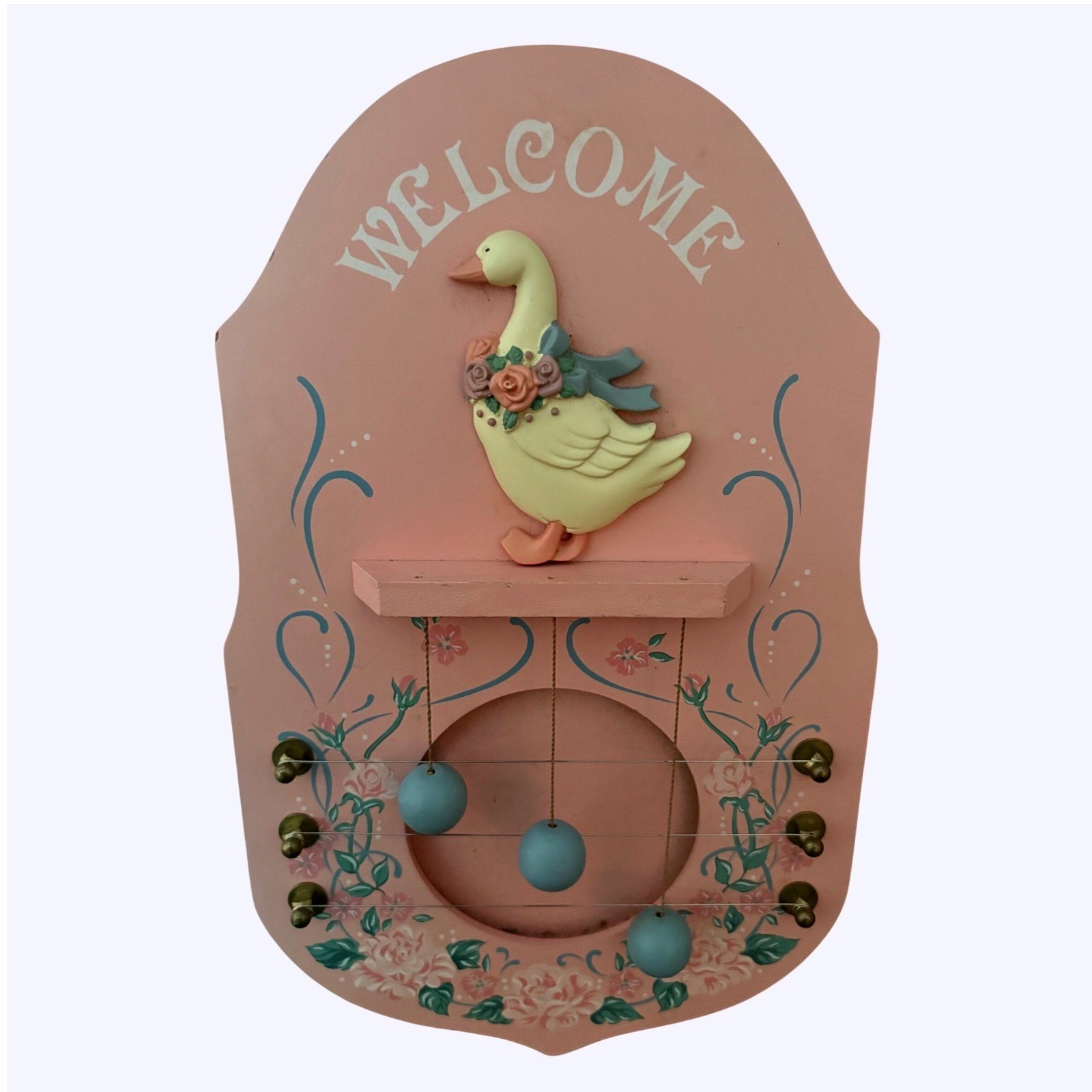 Vintage Folk Art Goose Door Bell Chime Pink Wooden Welcome Wall Plaque Floral
