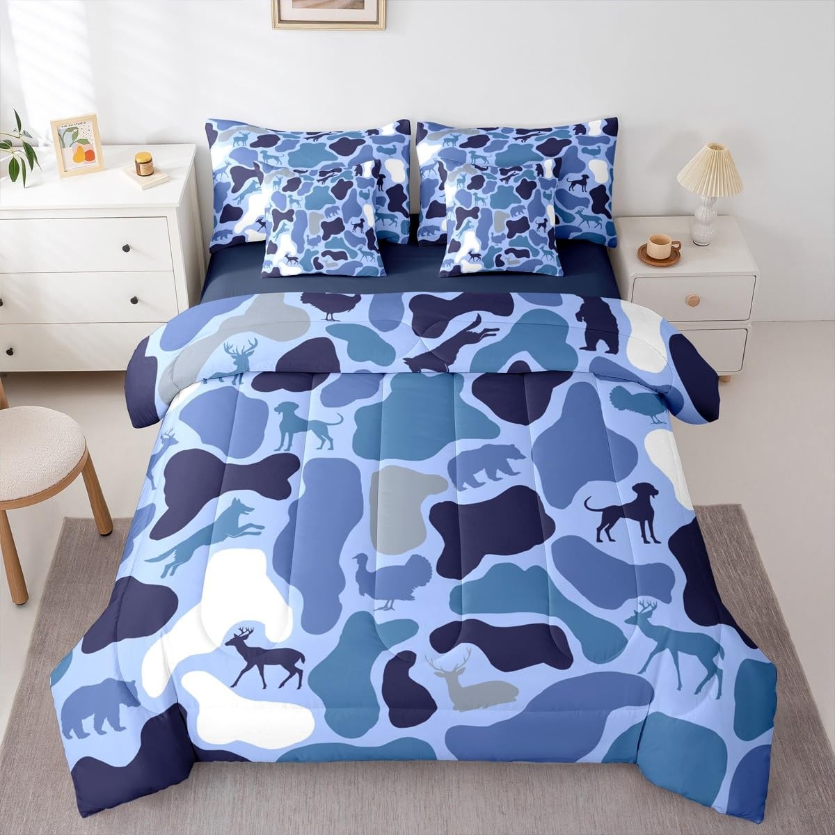 Erosebridal Camouflage 7 Piece Bedding Set Queen Bear Wolf Comforter Set Sheets