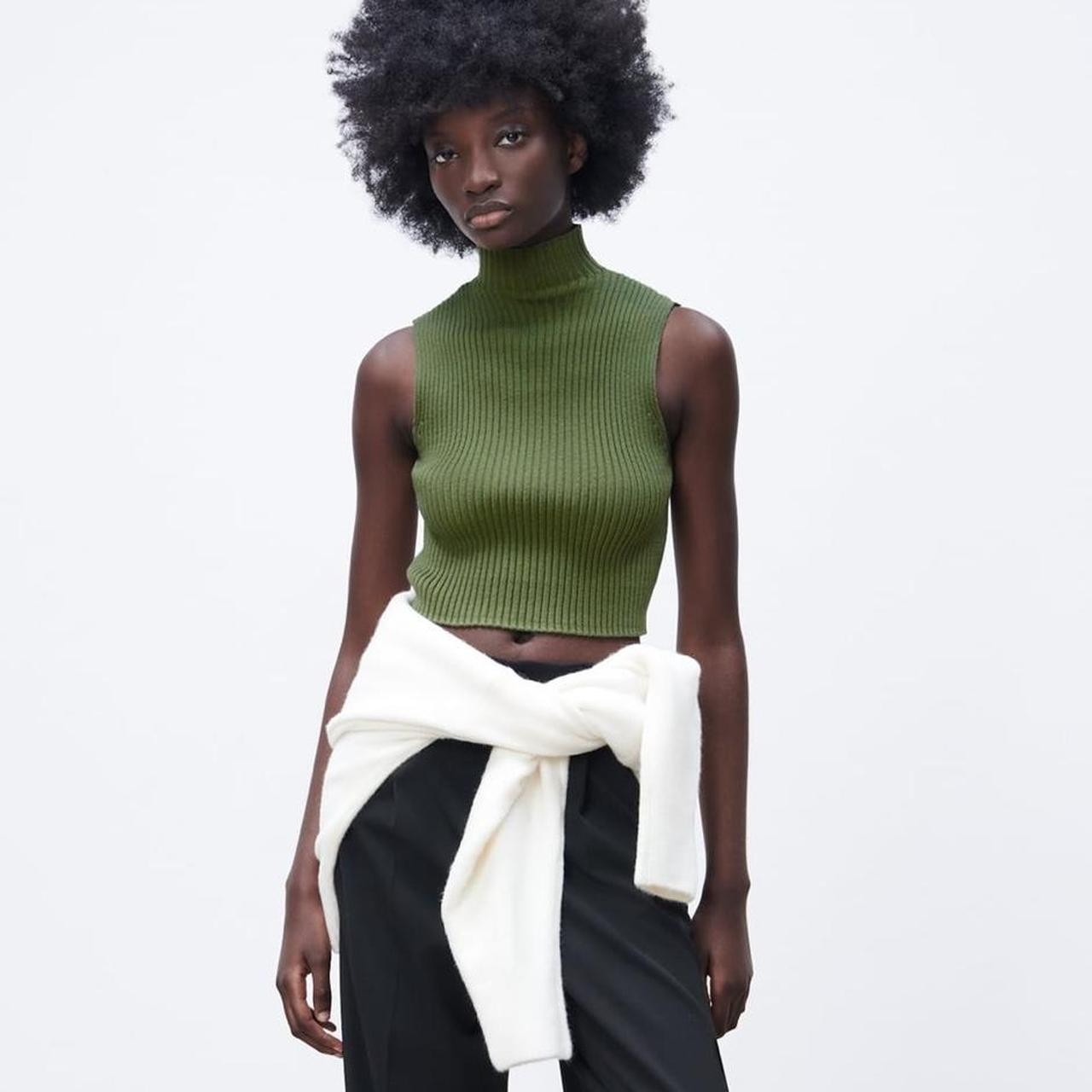 Zara Sleeveless Mock Neck Tank Green Sweater Cropped