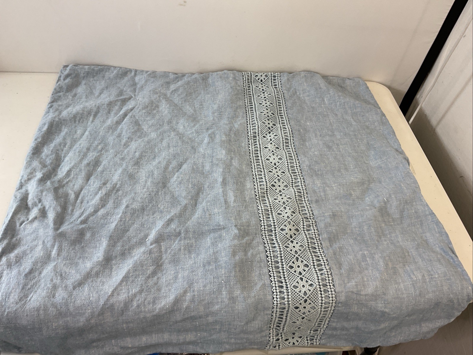 Rachel Ashwell Shabby Chic Euro Sham Blue 100% Linen Lace crochet Trim  26”