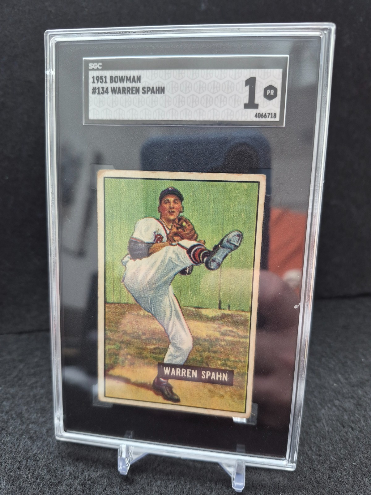 1951 Bowman Warren Spahn #134 SGC 1 small Crack on slab. 1951 Bowman Warren Spahn #134 SGC 1 small Crack on slab.