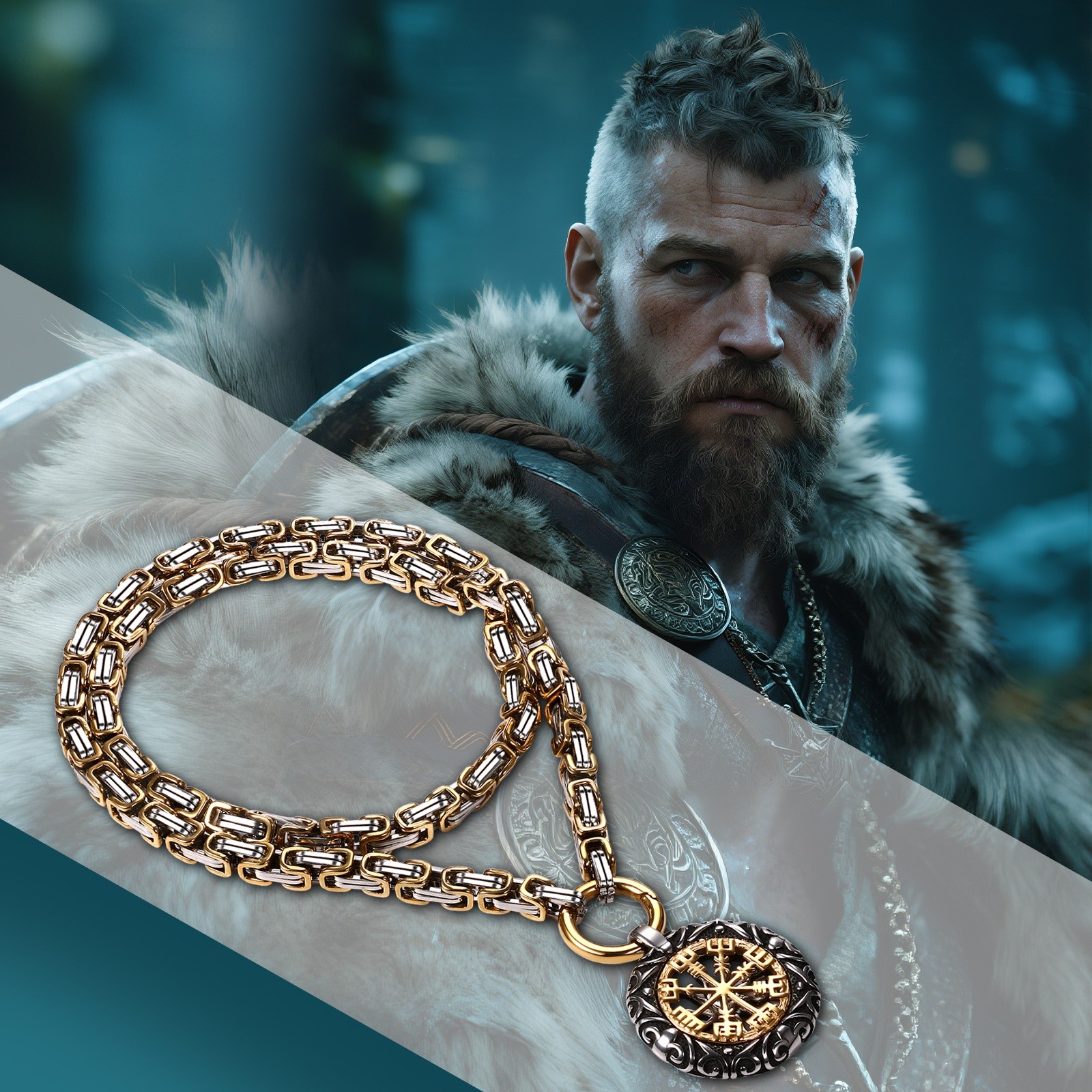 Men\'s Viking Heavy Compass Rune Pendant Necklace Byzantine Chain Stainless Steel Men\'s Viking Heavy Compass Rune Pendant Necklace Byzantine Chain Stainless Steel