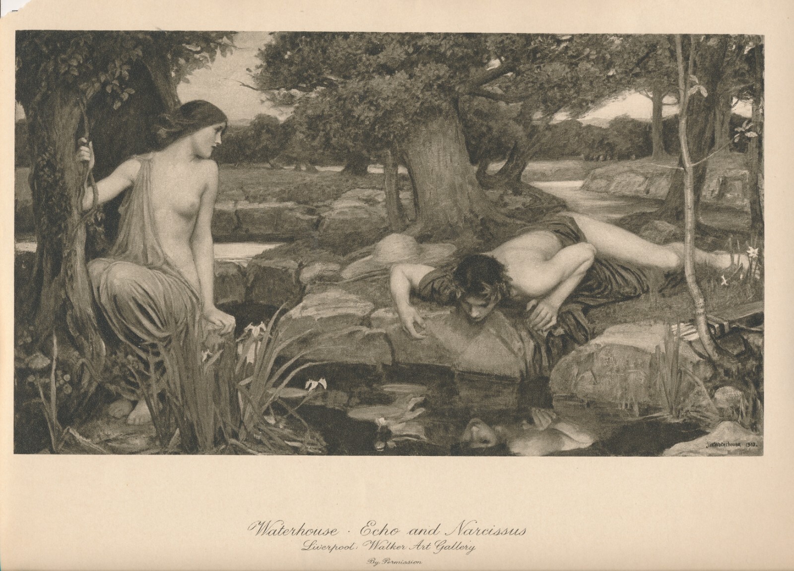 115+yr Old Original Antique Art Print ECHO AND NARCISSUS By John Waterhouse