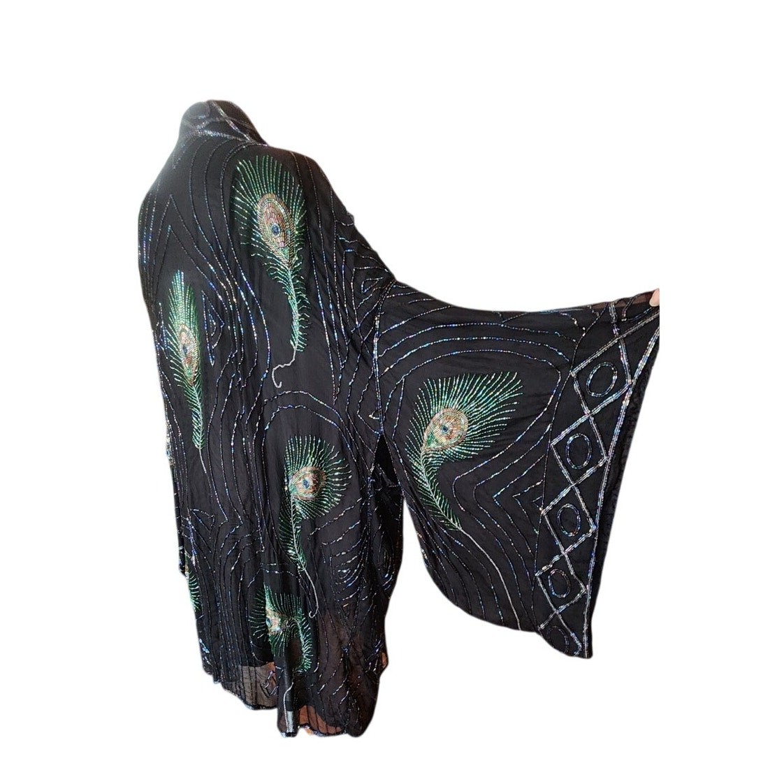 VTG 1990s Evening Kimono Jacket Peacock Feathers Beaded Duster Boho Art Nouveau