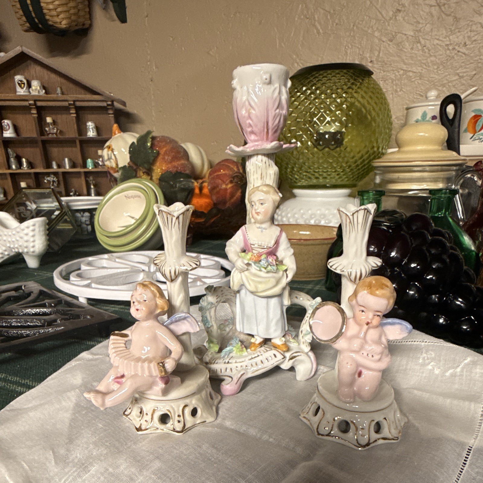 Vintage 3-Pc Arnart Crossed Arrows Bisque Porcelain Candlestick & Cherub Set