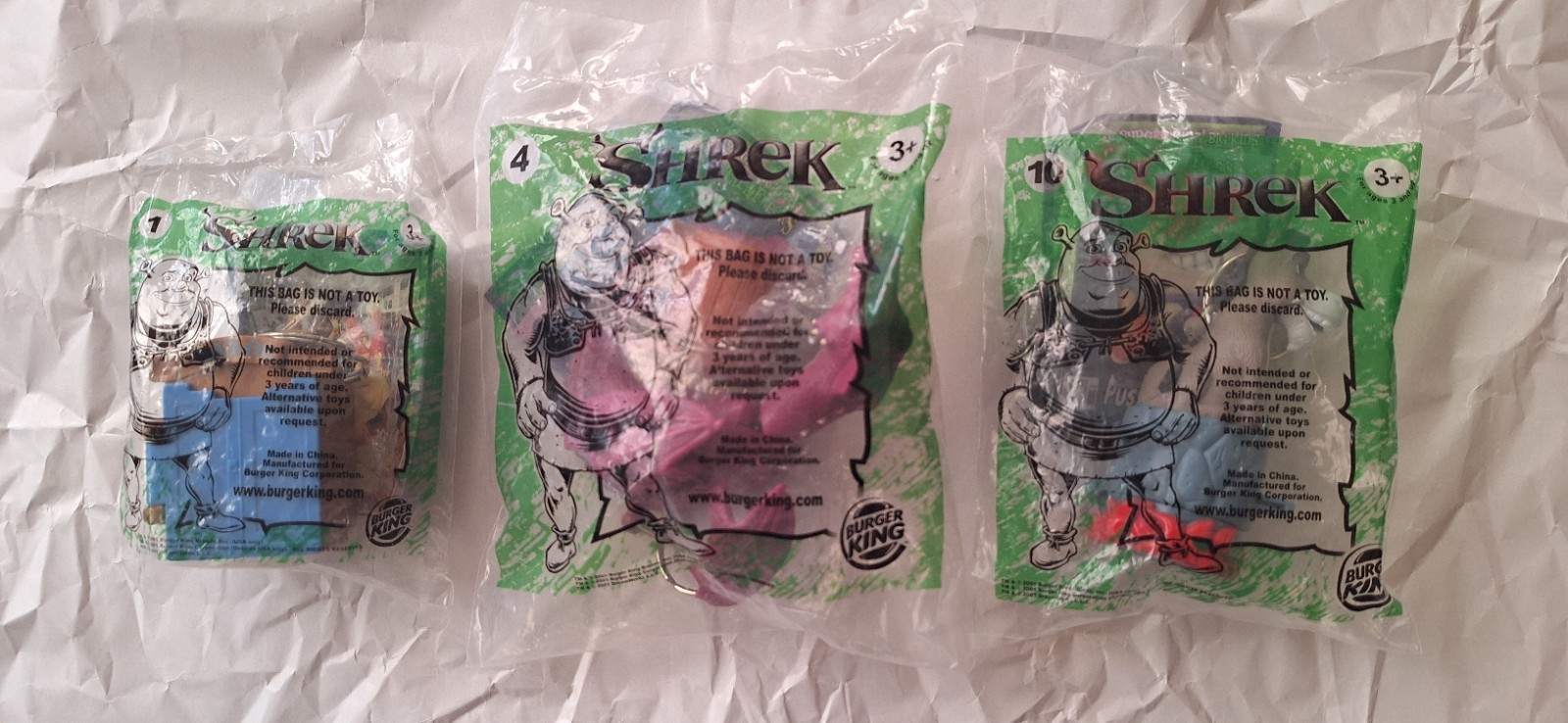 2001 Shrek Burger King Kids Toys, Lot of 3, #1 #4 #10, New in Factory Packaging