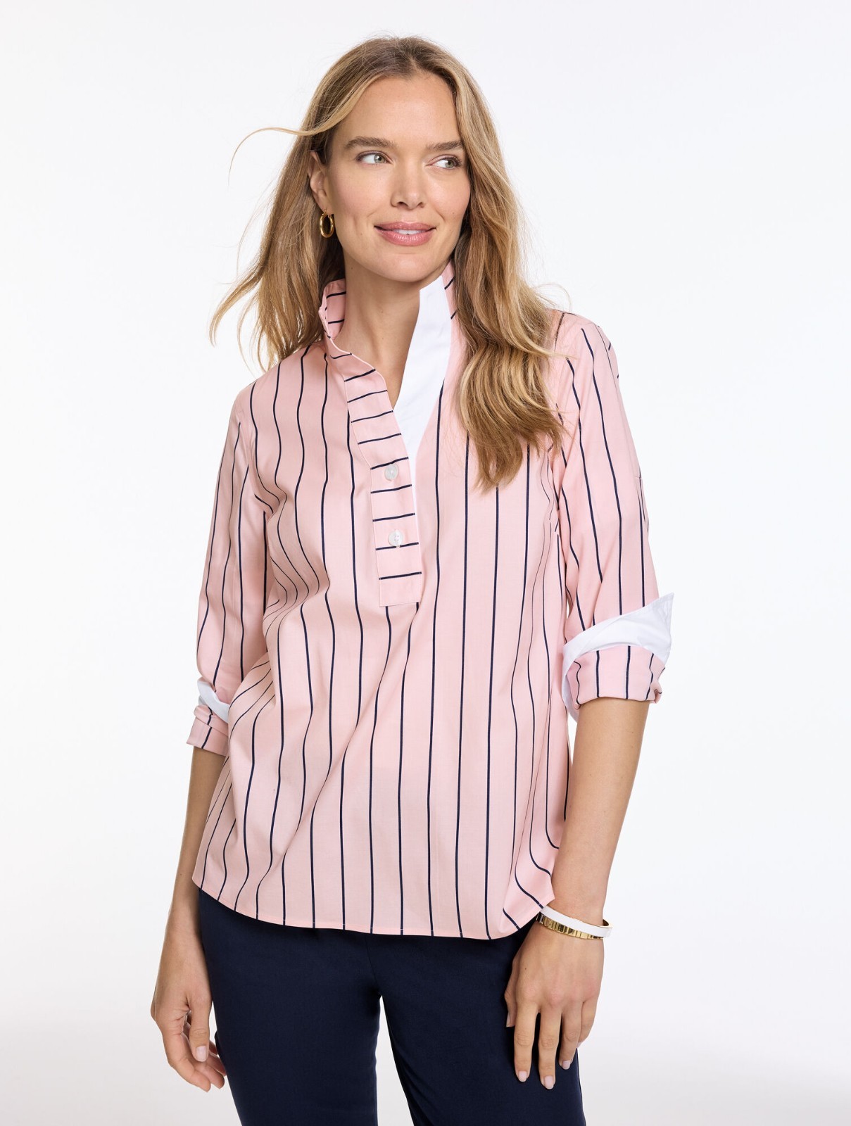 Non-Iron Popover - Breezy Stripe at Talbots NWT $109, color ROSE/INDIA INK