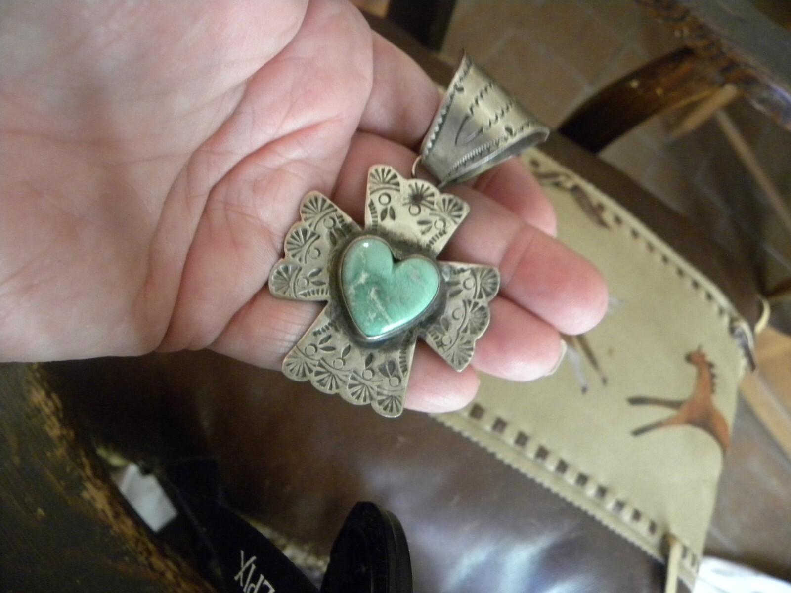 Rocki Gorman Sterling Cross w/Green Stone Heart Pendant 3\