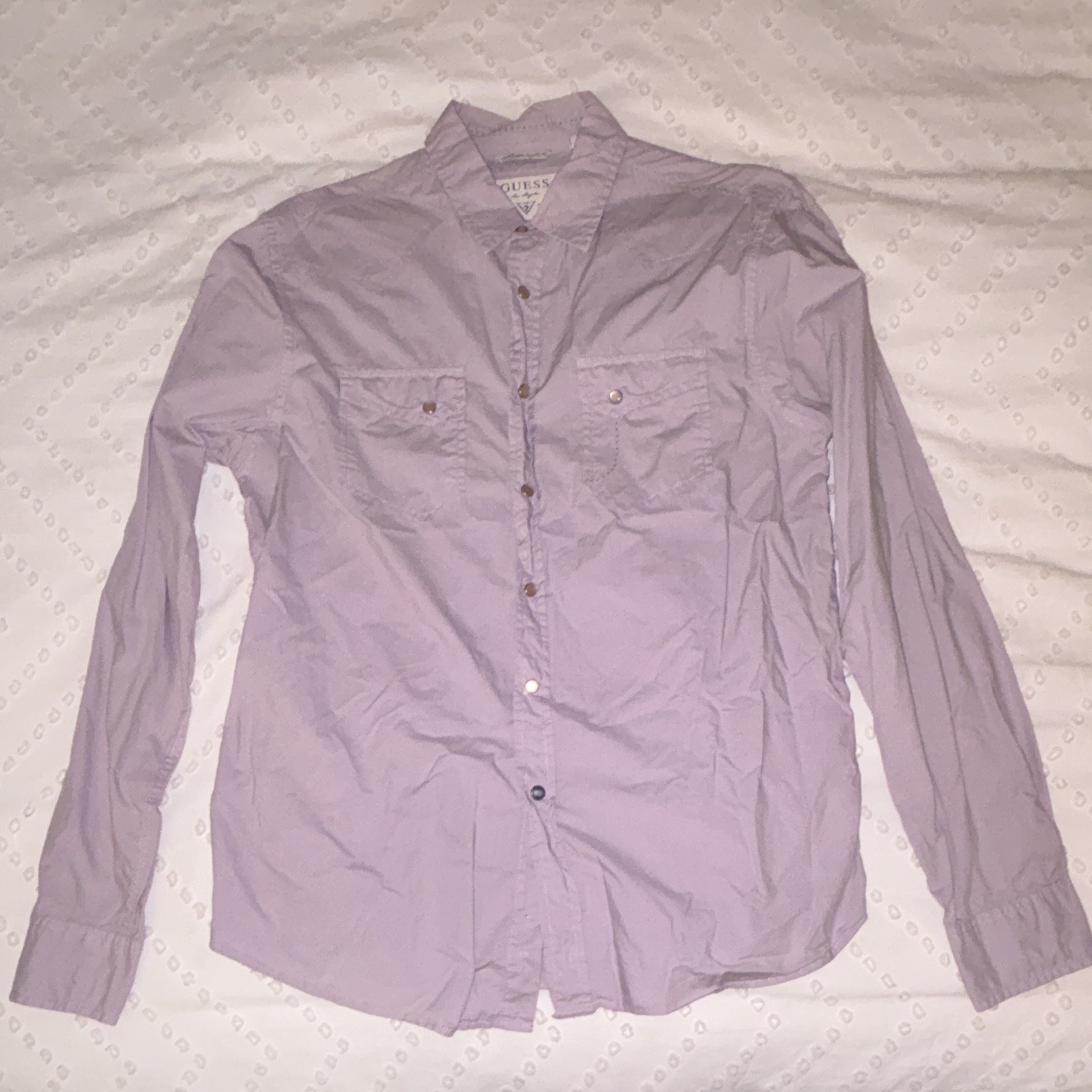 GUESS Men\'s L Regular Solid Woven Cotton Button-Front Shirt Pockets Purple GUESS Men\'s L Regular Solid Woven Cotton Button-Front Shirt Pockets Purple