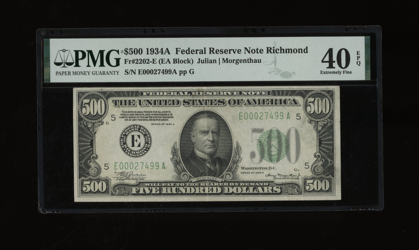 DBR 1934-A $500 DGS FRN Richmond Fr. 2202-E PMG XF-40 EPQ Serial E00027499A