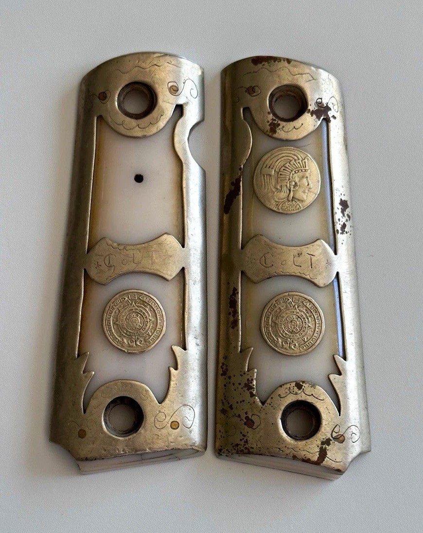 Vintage Colt 1911 Grip Panels with Metal Inlays-Stock & Forend Parts 38 super 45 Vintage Colt 1911 Grip Panels with Metal Inlays-Stock & Forend Parts 38 super 45