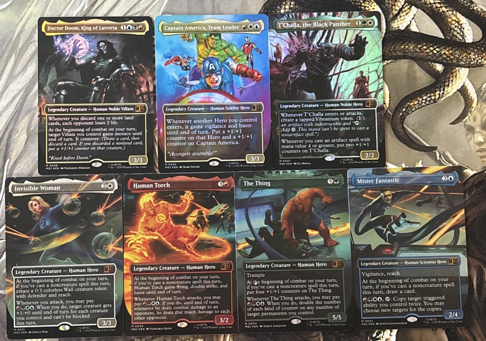 MARVEL SUPER HEROES MTG Borderless Mythic Foil COMPLETE SET of 7 Commanders 1-7